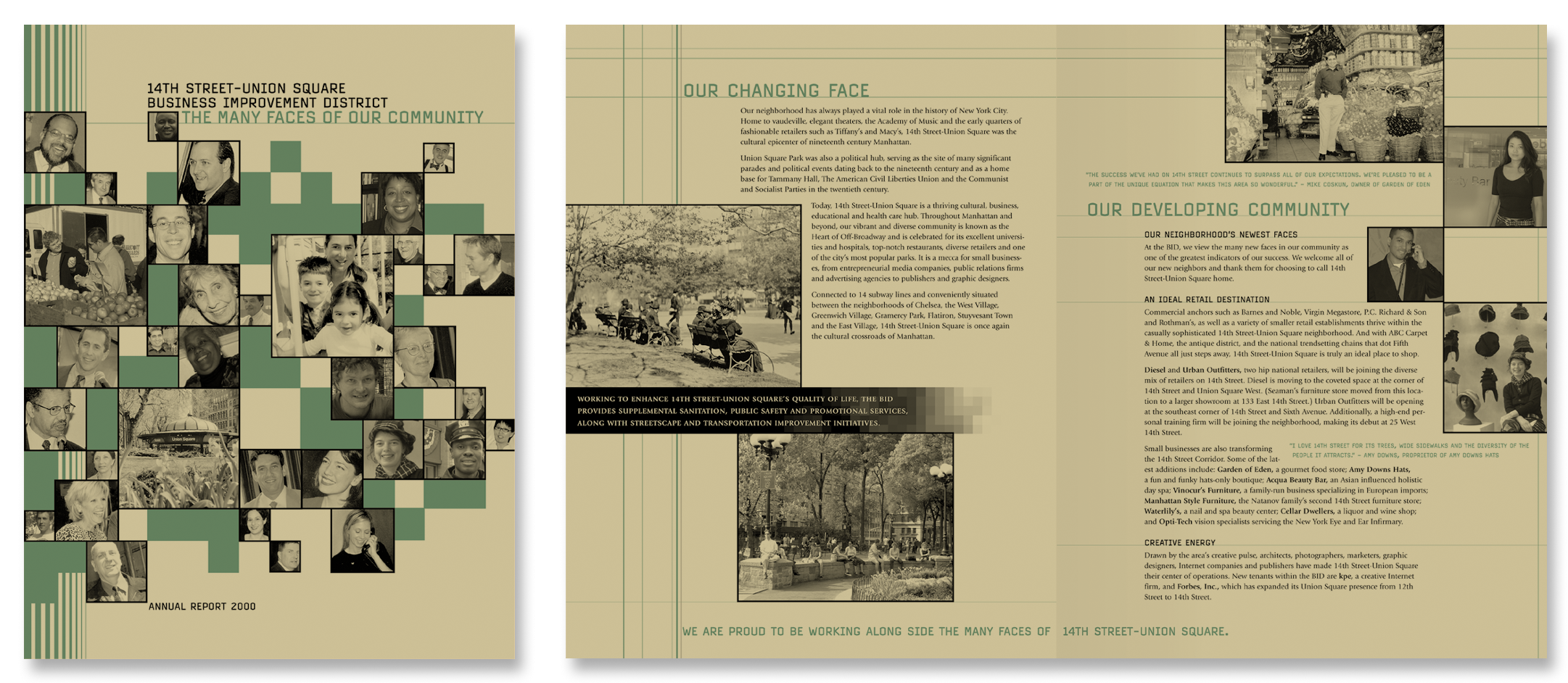 Annual Report about 14th Street-Union Square, featuring black-and-white and color photographs of community members, parks, and city scenes, with text describing the neighborhood's history, development, and ongoing projects.