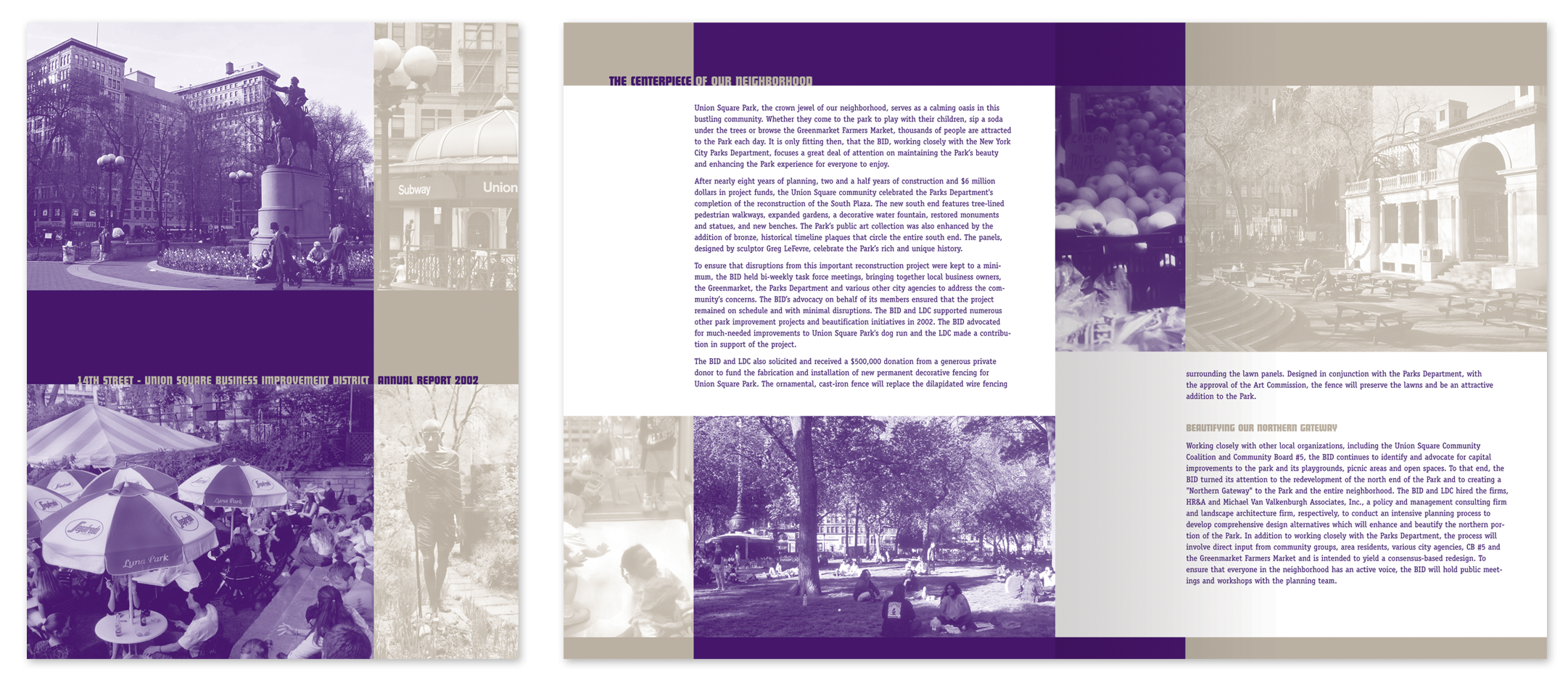 Annual Report promoting Union Square Park improvements in New York City, featuring images of the park, a fountain, trees, and people, with text about the project and community involvement.