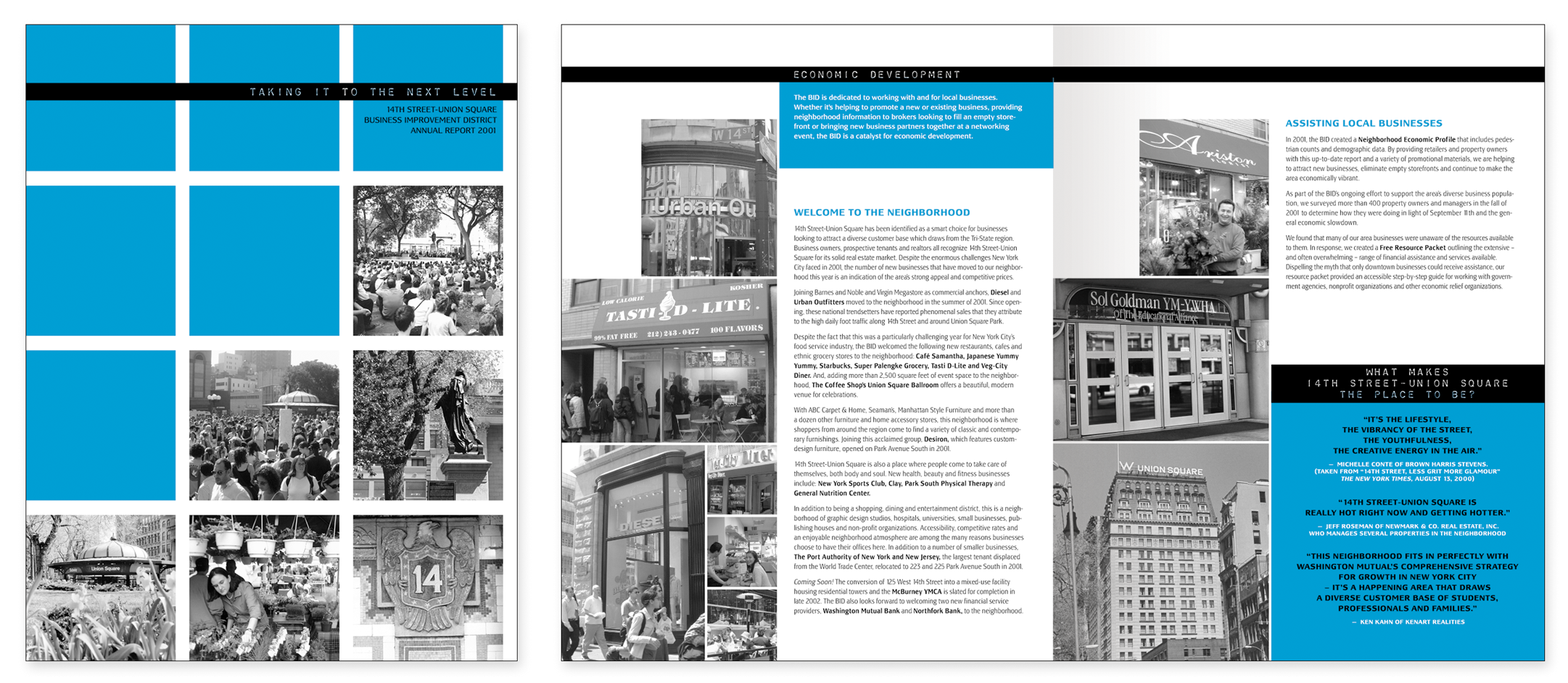 Annual Report with black and white photographs of Union Square NYC, including crowds, signage, and buildings, with blue and black text sections discussing neighborhood development and local businesses.