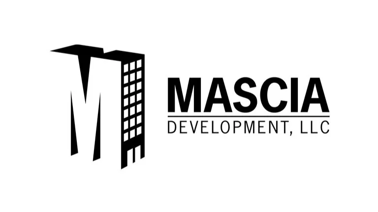 Mascia Development Logo Design with three dimensional letter M with windows on the side to represent a building