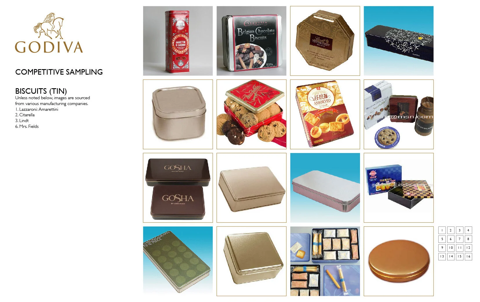 A packaging comparison sheet for biscuits (tin), shows various biscuit tins and boxes from different manufacturers, including Gosha, Fisco, and others, with some tins open revealing cookies inside.