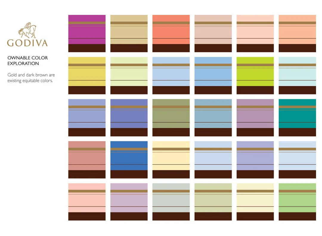 Color palette chart with various shades organized in a grid, labeled 'Godiva' and 'Ownable Color Exploration,' indicating a range of colors including gold, brown, pink, purple, blue, green, and beige, with some colors having metallic or earthy tones.