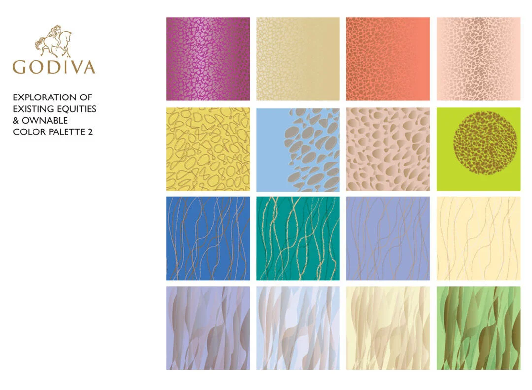 Collection of colorful abstract pattern samples from Godiva's exploration of existing equities and ownable color palette 2, including textures in pink, beige, red, peach, yellow, blue, green, and purple.