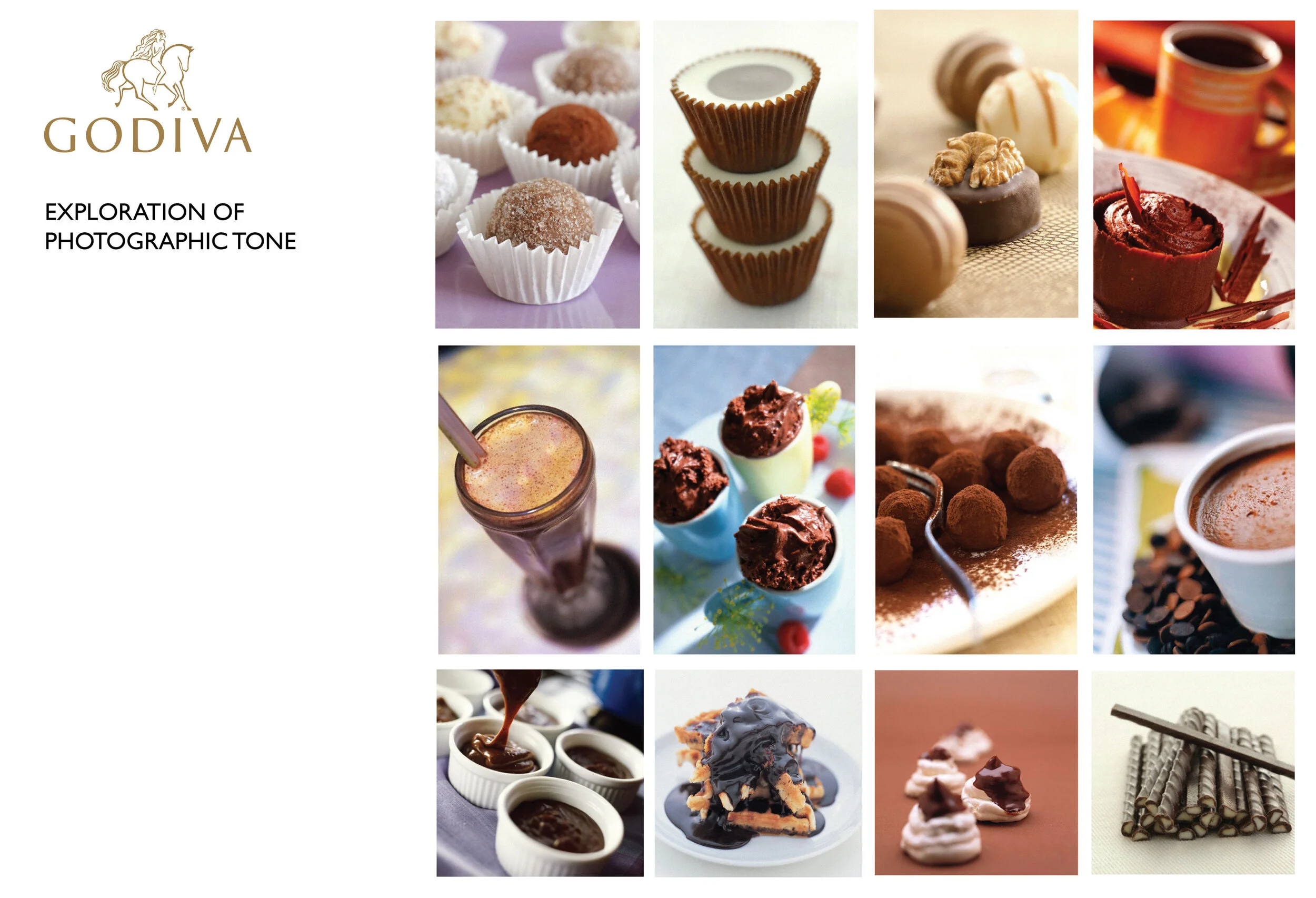 Collage of various chocolates, truffles, and desserts with the GODIVA logo and the text 'Exploration of Photographic Tone'.