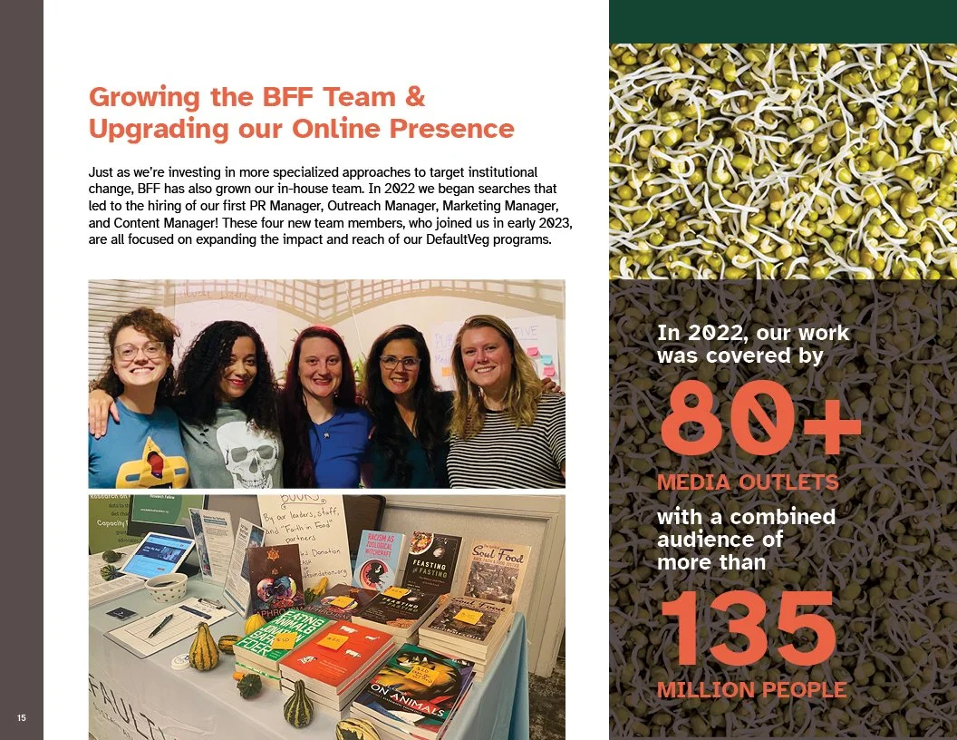 Page from 2022 Annual Report for Better Food Foundation featuring a group photo of five women and a table with books and pamphlets, and statistics about media coverage and audience reach in 2022.