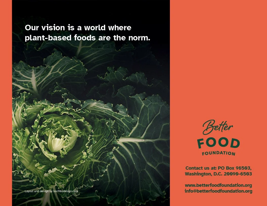 Back Cover from 2022 Annual Report for Better Food Foundation showing a large lettuce, with a dark background on the left side and an orange background on the right side with the foundation's contact information and logo.