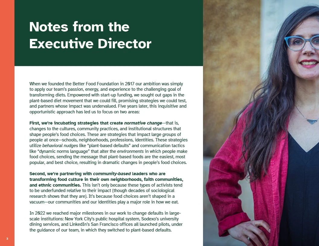 Page from 2022 Annual Report for Better Food Foundation with A woman with long dark hair, glasses, wearing a dark blue top and pink jacket, smiling outdoors.