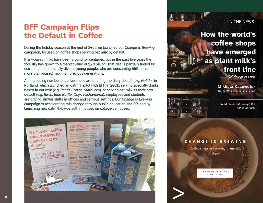 Page from 2022 Annual Report for Better Food Foundation discussing a campaign to promote plant-based milks in coffee shops, featuring images of cartons of plant-based milk and a person pouring coffee.