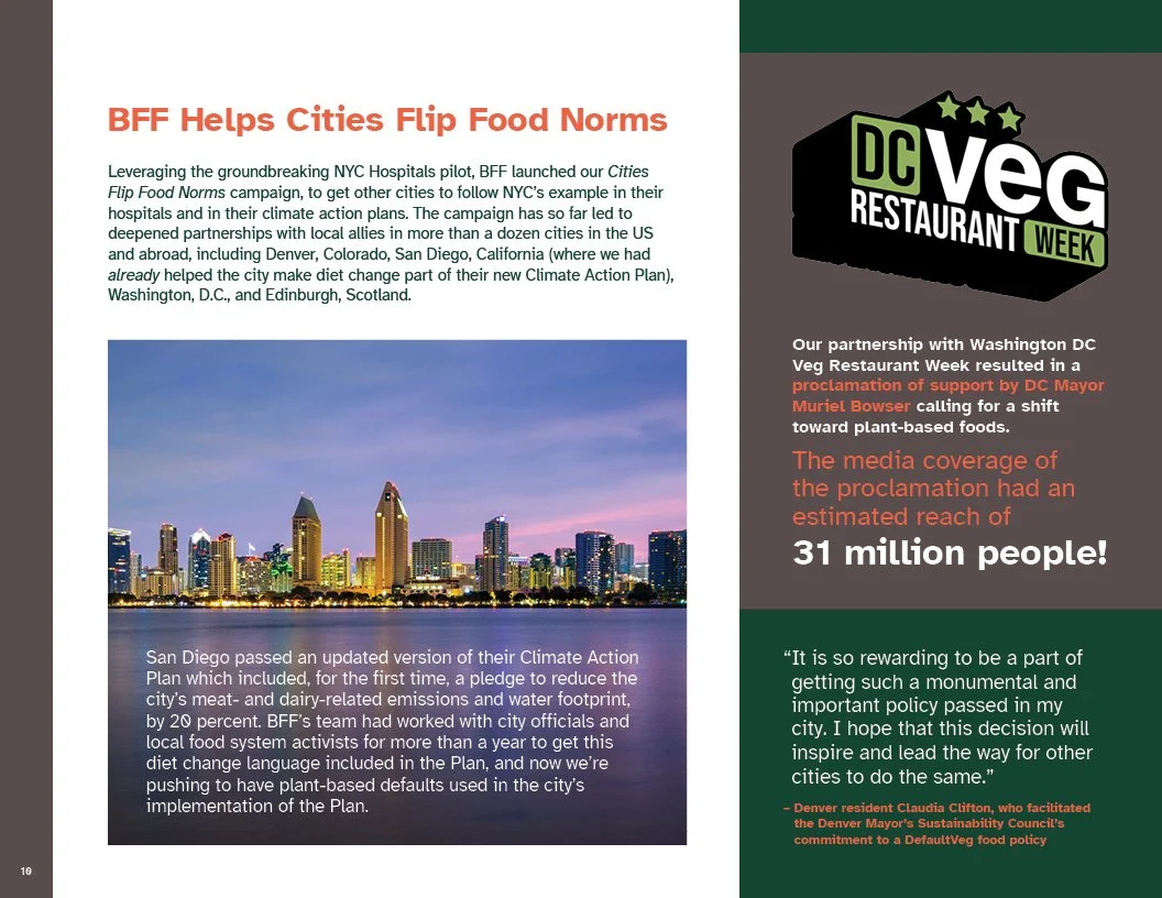 Page from 2022 Annual Report for Better Food Foundation discussing the impact of NYC hospitals' pilot program and the partnership with Washington DC Veg Restaurant Week, including a photo of the San Diego skyline at sunset.