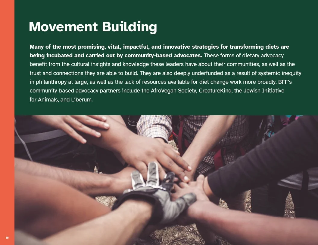 Page from 2022 Annual Report for Better Food Foundation with Group of people putting their hands together in a circle, outdoors, symbolizing unity and teamwork.