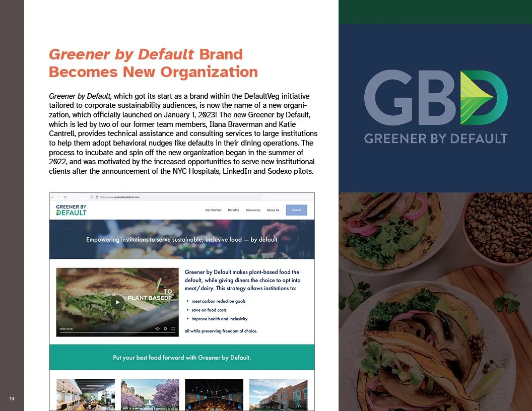 Page from 2022 Annual Report for Better Food Foundation with 'Greener by Default Brand Becomes New Organization' and the logo of Greener by Default. 