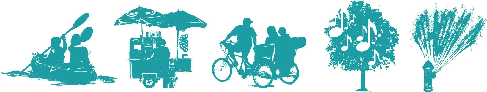 Silhouettes of children kayaking, a mobile food cart with a vendor, three people riding a bicycle with a side cart, a music-themed tree, and a firework display.
