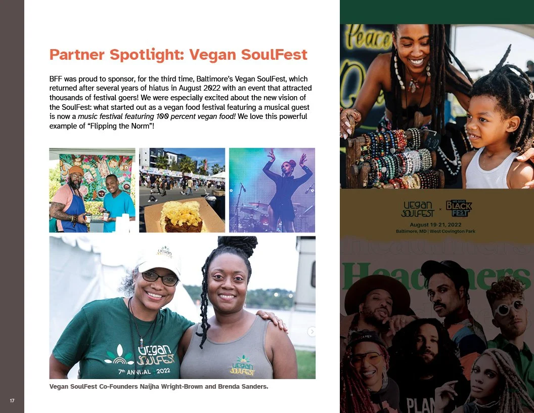 Page from 2022 Annual Report for Better Food Foundation highlighting Vegan SoulFest. The text discusses Vegan SoulFest and features co-founders Najha Wright-Brown and Brenda Sanders.
