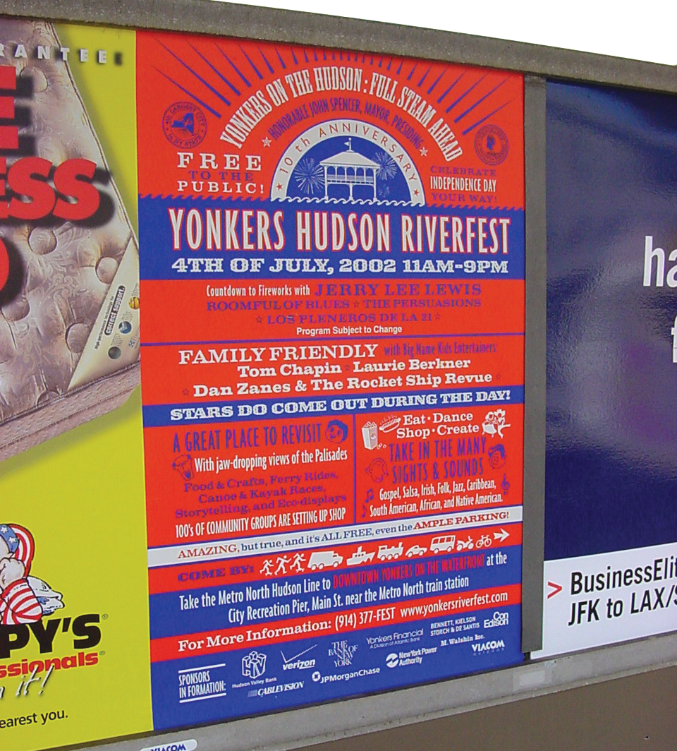 Poster advertising the Yonkers Hudson Riverfest on July 4, 2002, with details about performances, activities, and event locations.