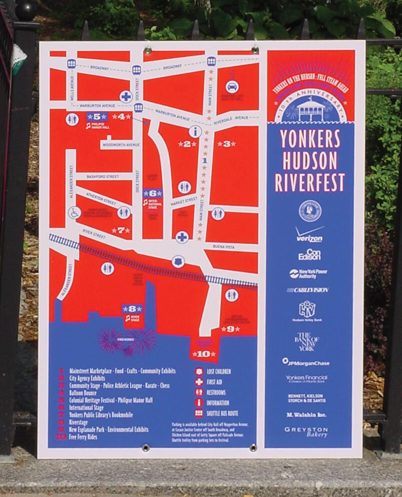 Map of Yonkers Hudson Riverfest with event locations marked in red and amenities such as restrooms, lost children, water, and information stations. The event features a main marketplace, community stage, balloon bounce, and fireworks.