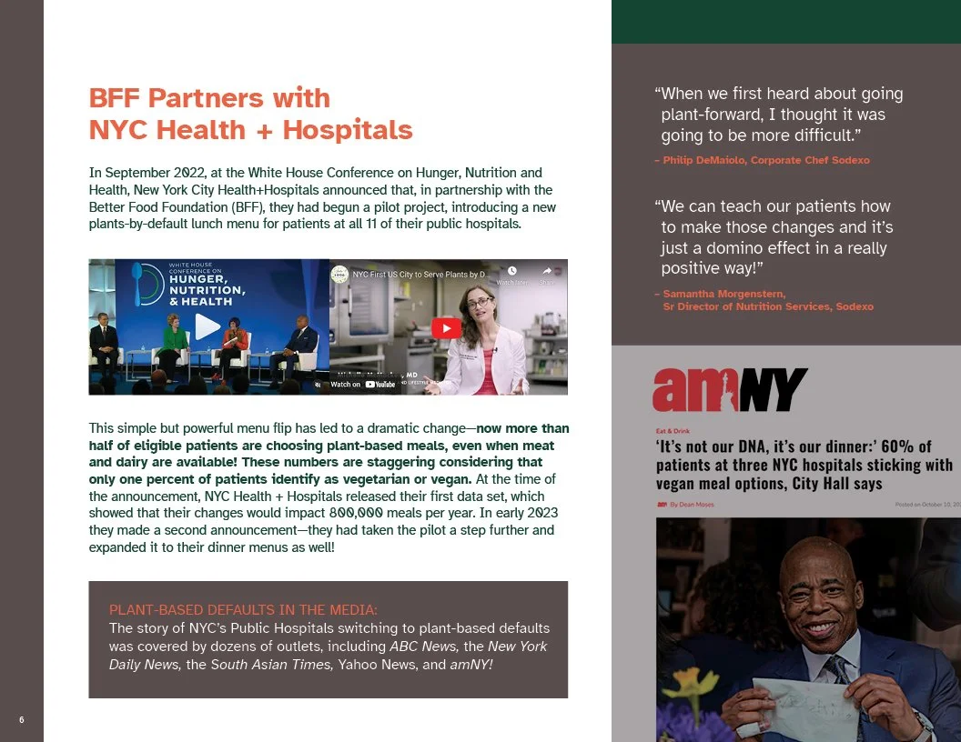 Page from 2022 Annual Report for Better Food Foundation discussing a pilot program for plant-based menus in NYC public hospitals, with images of a panel and a woman speaking, and quotes from Philip DeMaio and Samantha Morgenstern.