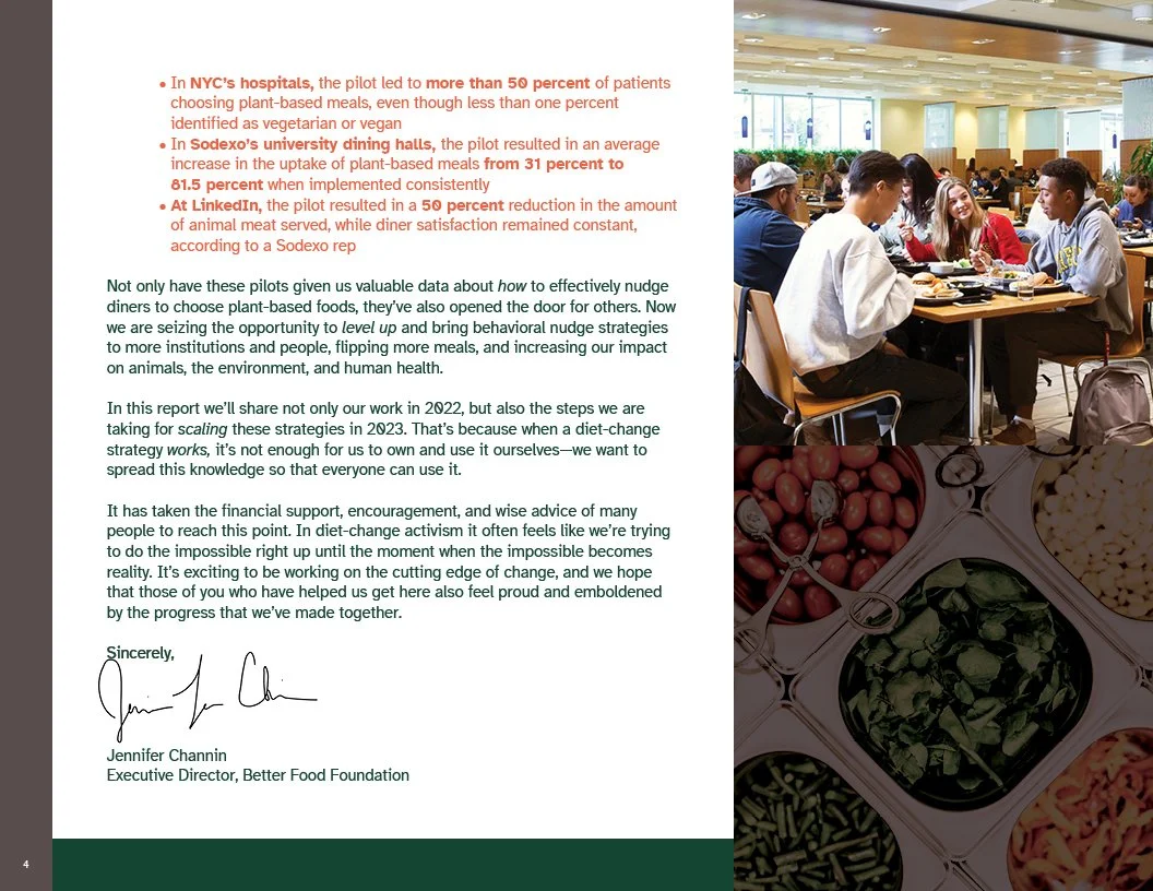 Page from 2022 Annual Report for Better Food Foundation with Group of young people dining in a bright, modern cafeteria with large windows and wooden accents, with an image of fresh vegetables.