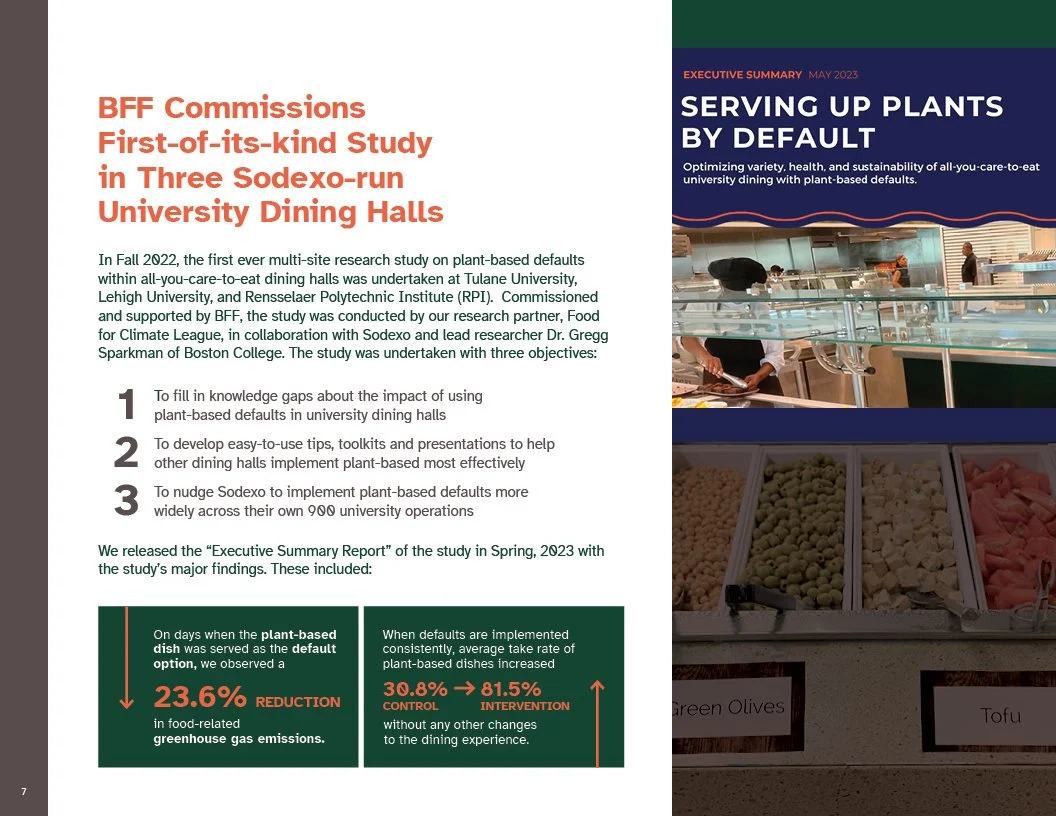 Page from 2022 Annual Report for Better Food Foundation with a title "Serving Up Plants by Default," discussing plant-based defaults in university dining halls, with a photo of a cafeteria area and food items labeled 'Green Olives' and 'Tofu'.