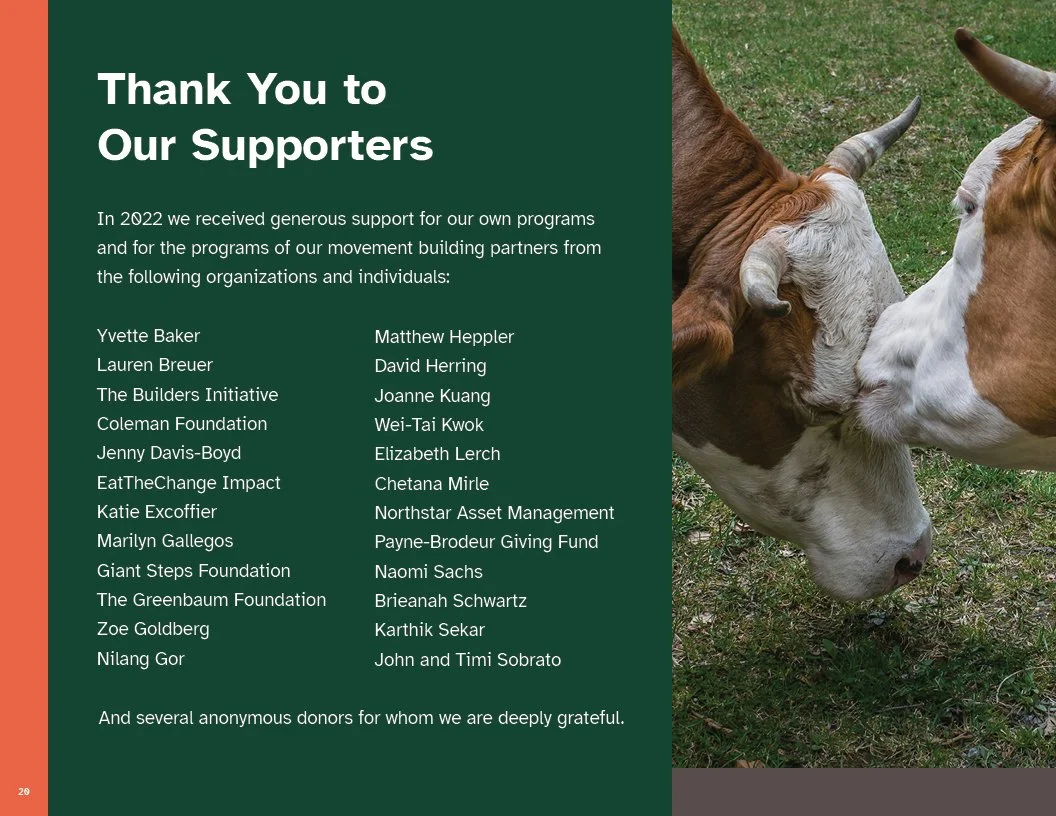 Page from 2022 Annual Report for Better Food Foundation with A thank you message to supporters with a list of individual and organizational supporters on a green background, beside a photo of two bulls touching noses on green grass.