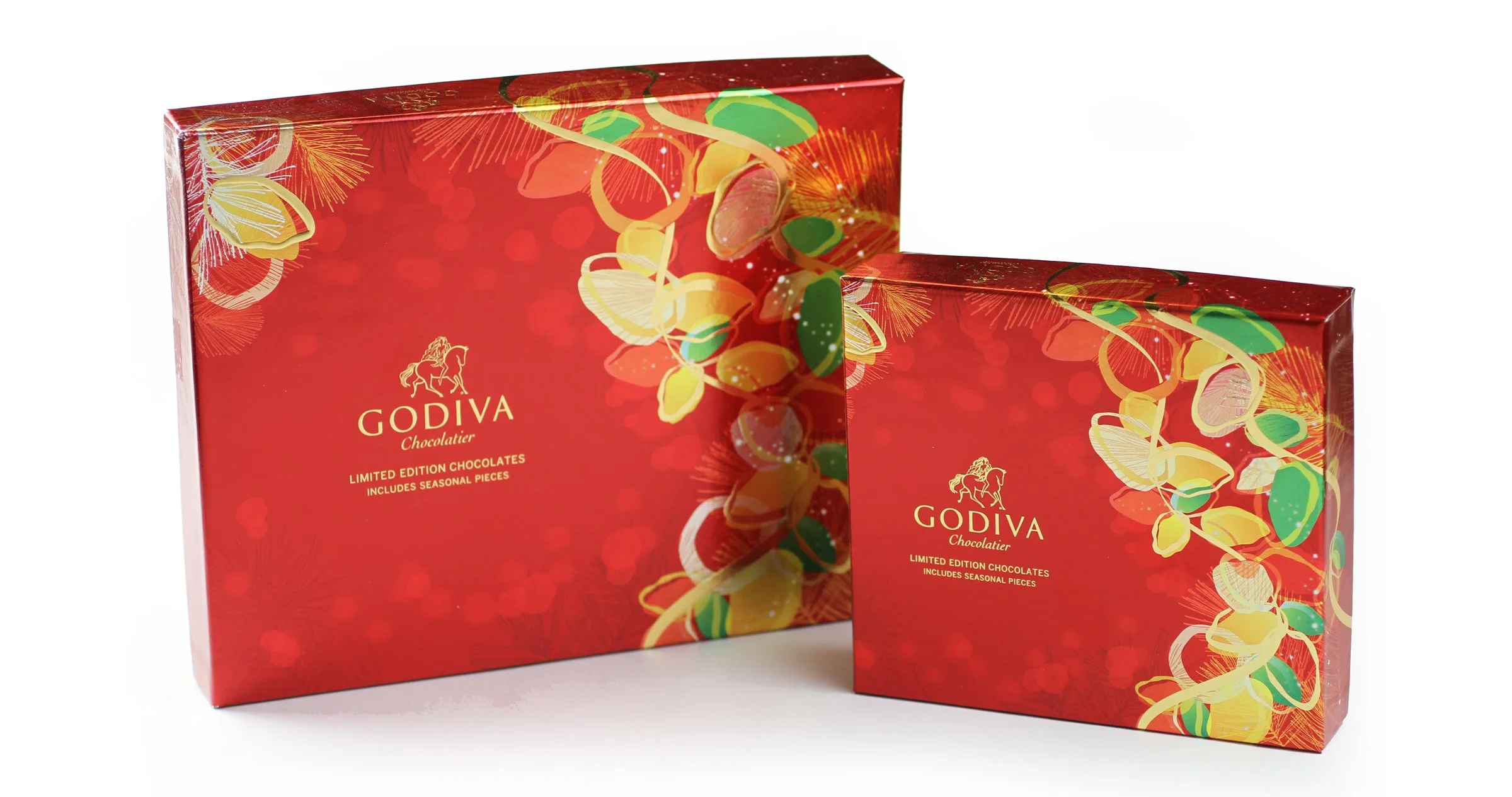 Holiday packaging graphics by Bonfilio Design on a box of Godiva chocolates.