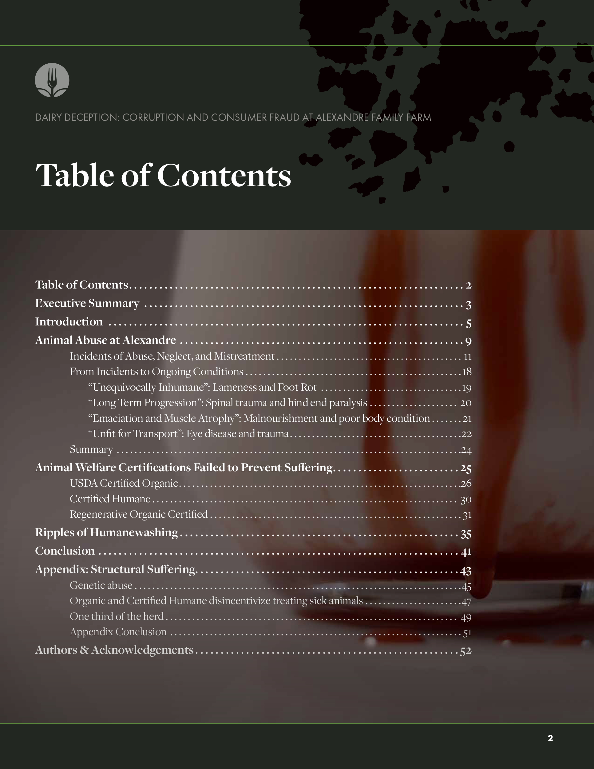 Page 2 of a report or book titled "Dairy Deception: Corruption and Consumer Fraud at Alexandre Family Farm." The page contains a table of contents with sections on animal abuse, animal welfare certifications, humanewashing, structural suffering, auth