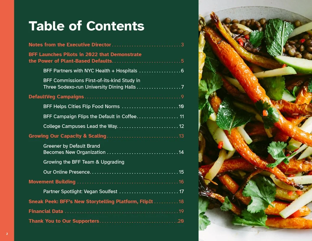 2022 Annual Report for Better Food Foundation Table of Contents page with an image of a vegetable salad on the right side.