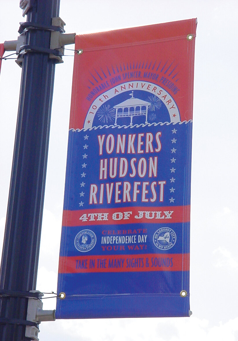 Banner celebrating the 110th anniversary of Yonkers Hudson Riverfest, held on July 4th, featuring fireworks, and encouraging attendees to enjoy the sights and sounds.