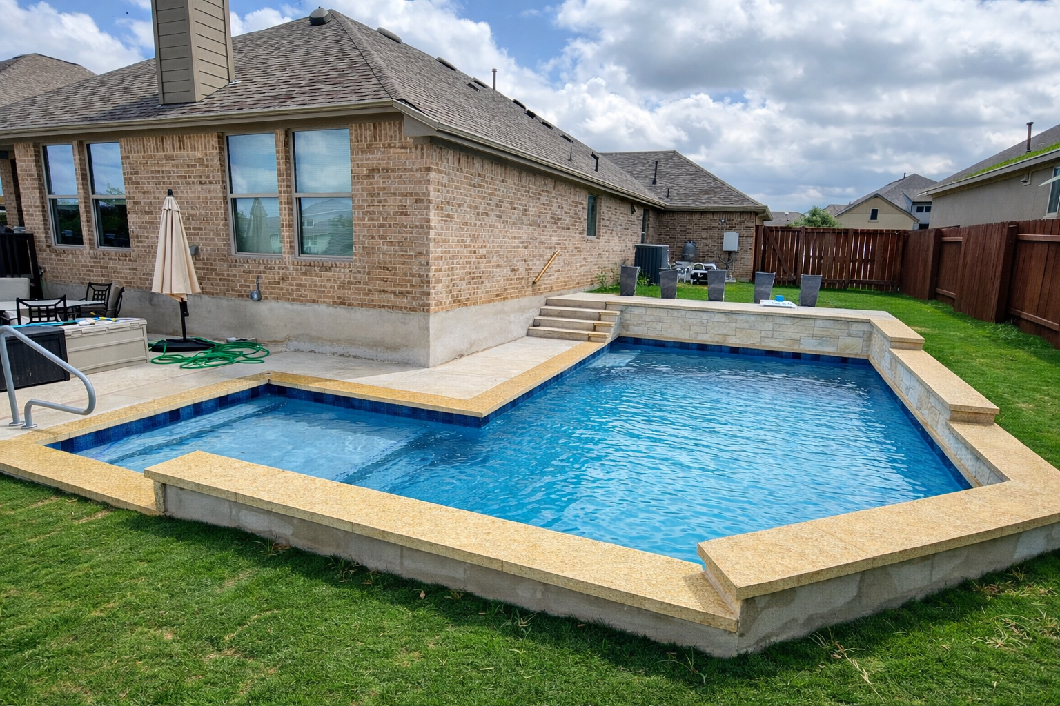 Backyard with a swimming pool, patio furniture, potted plants, and a large sign indicating a 5-star rated pool.