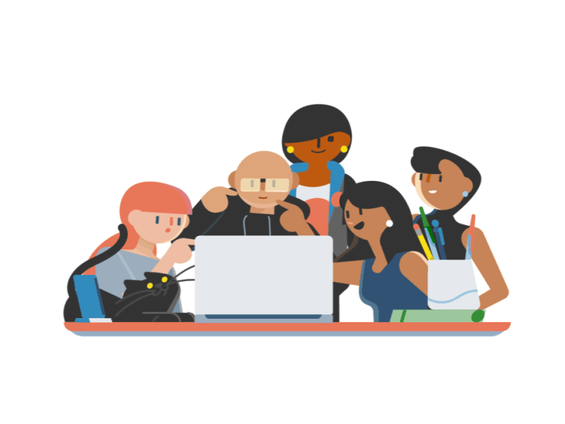 Group of diverse young people collaborating around a laptop with school supplies and a cat on the desk.