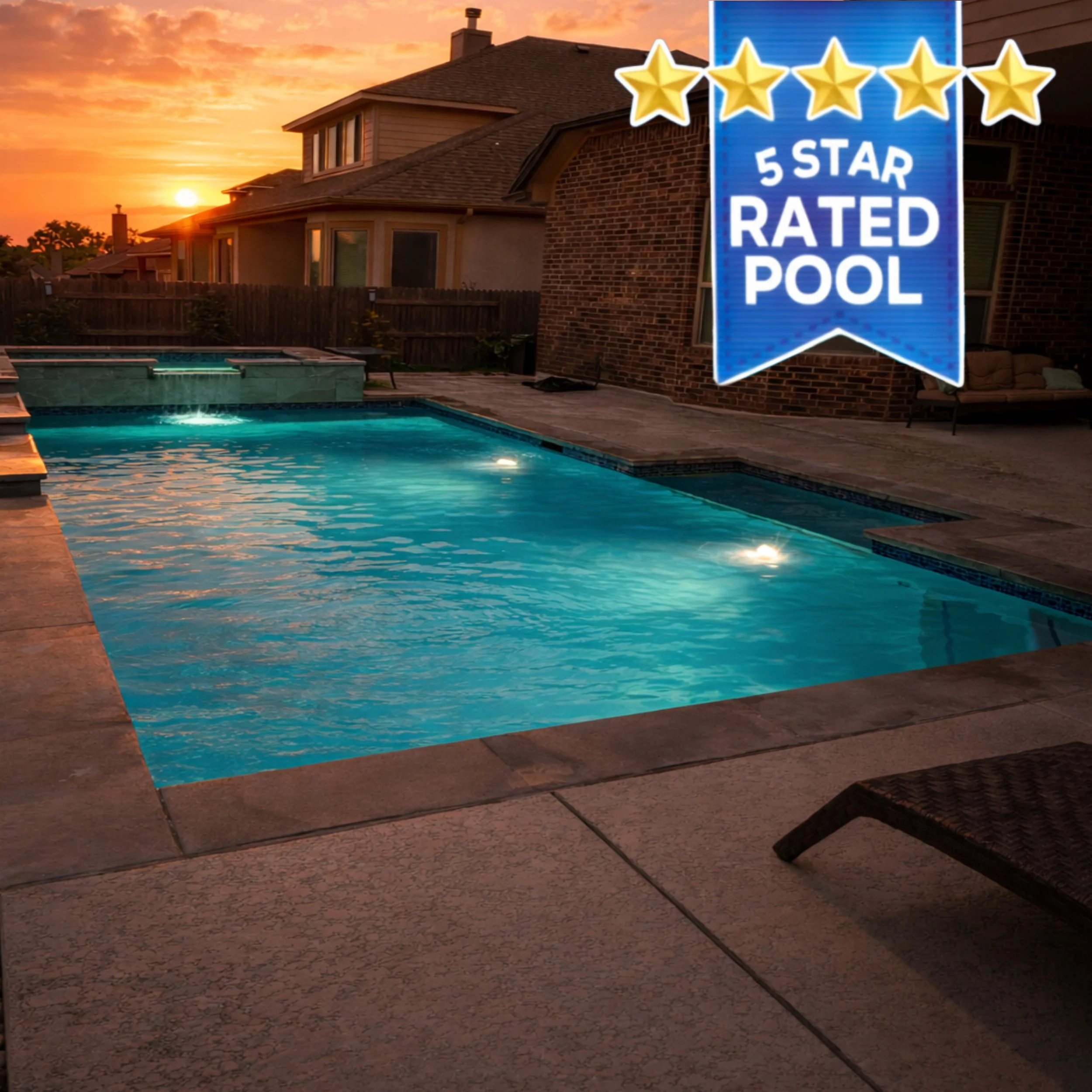A backyard swimming pool at sunset with a badge indicating a 5-star rated pool.