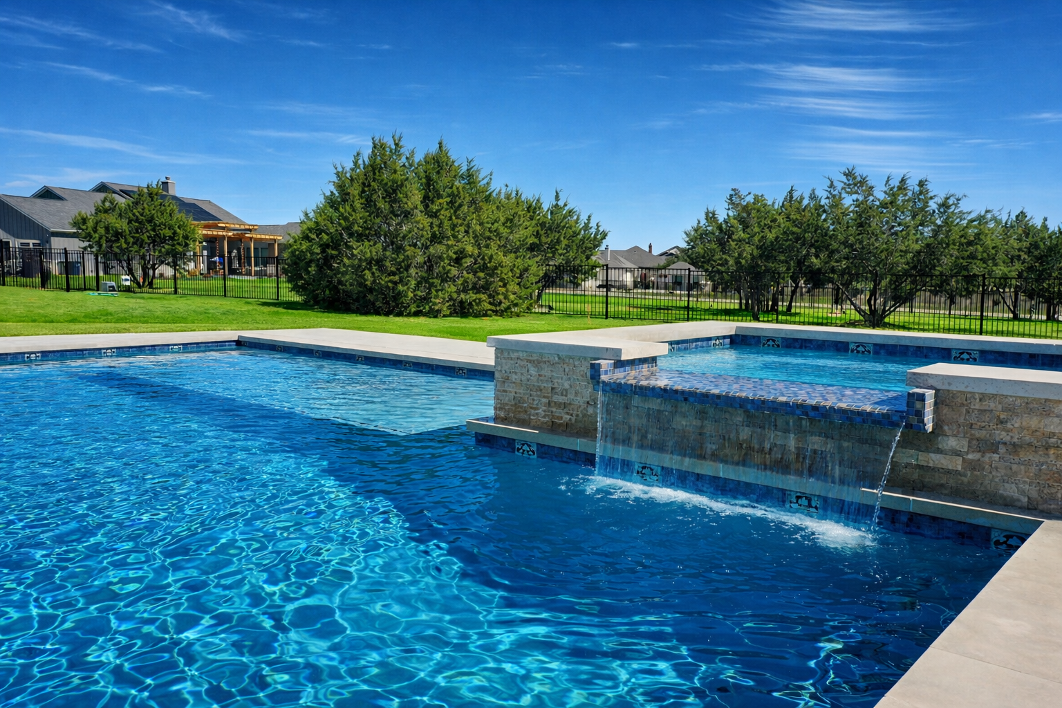 A backyard swimming pool with a hot tub, surrounded by green grass and patio furniture, with a sign showing a five-star rating for the pool.
