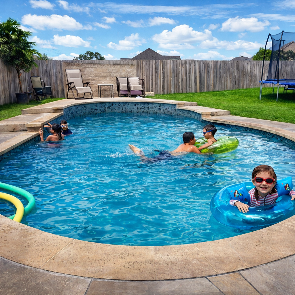 A backyard with a swimming pool where three children are playing and swimming. One girl with sunglasses is floating in a ring, two boys are playing with a pool float, and two children are near the pool's edge. There are lounge chairs and other outdoor furniture, a trampoline, a wooden fence, and a sign indicating the pool is 5-star rated.