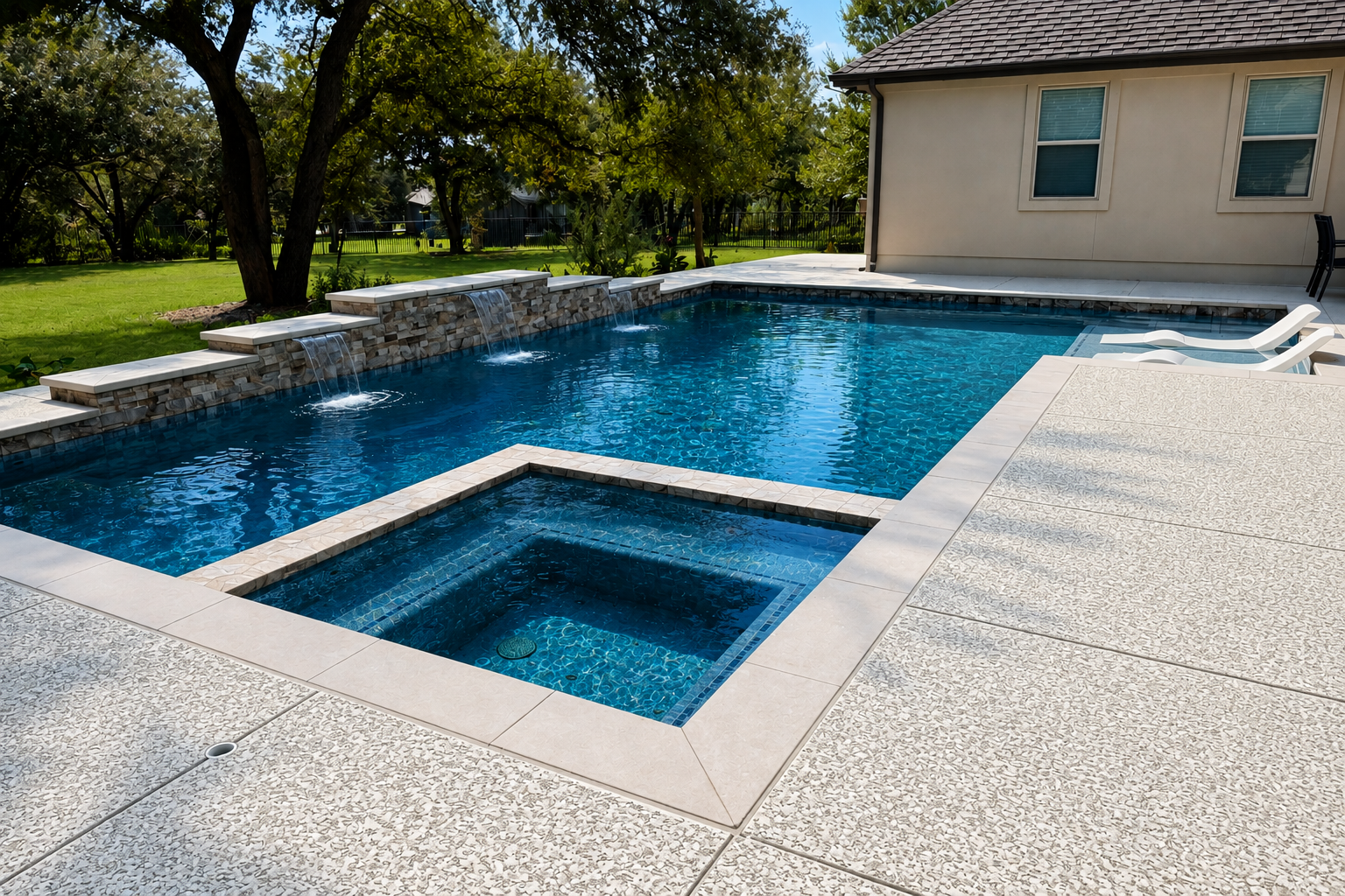 A backyard pool with blue water, surrounded by trees and outdoor furniture, with a balcony sign indicating five-star rated pool.