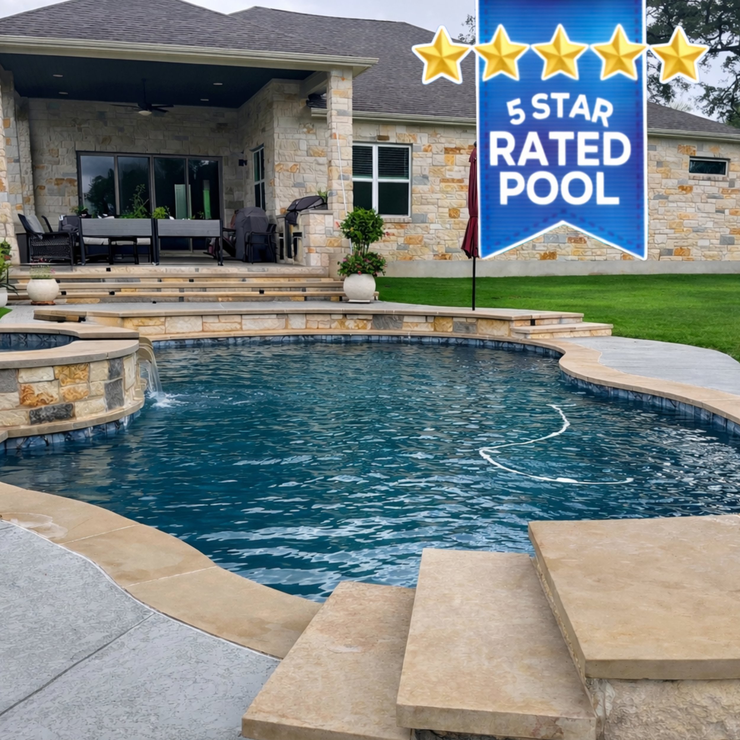 A backyard view of a swimming pool with steps leading down to it, surrounded by a stone deck. There is a stone-built house with a covered patio area with seating in the background. A large sign indicates the pool is rated five stars.