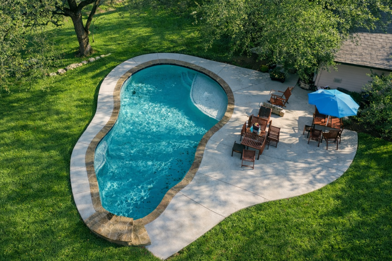 A backyard with a swimming pool surrounded by stone and concrete paving, a grassy area, and trees. A blue sign with gold stars reads '5 Star Rated Pool'.