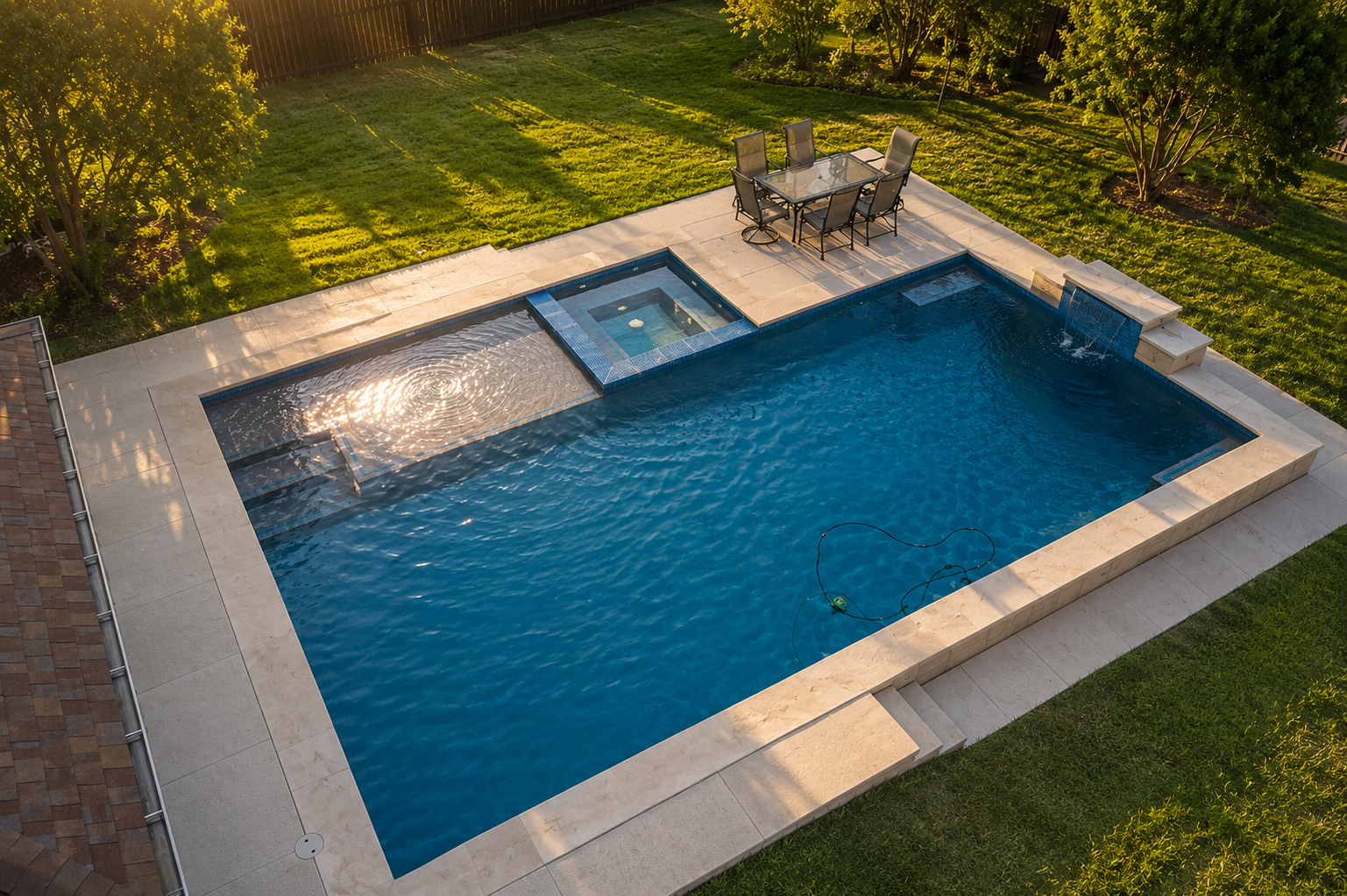 A 5-star rated swimming pool with a built-in hot tub, waterfall feature, and diving board in a backyard with trees and a house in the background.