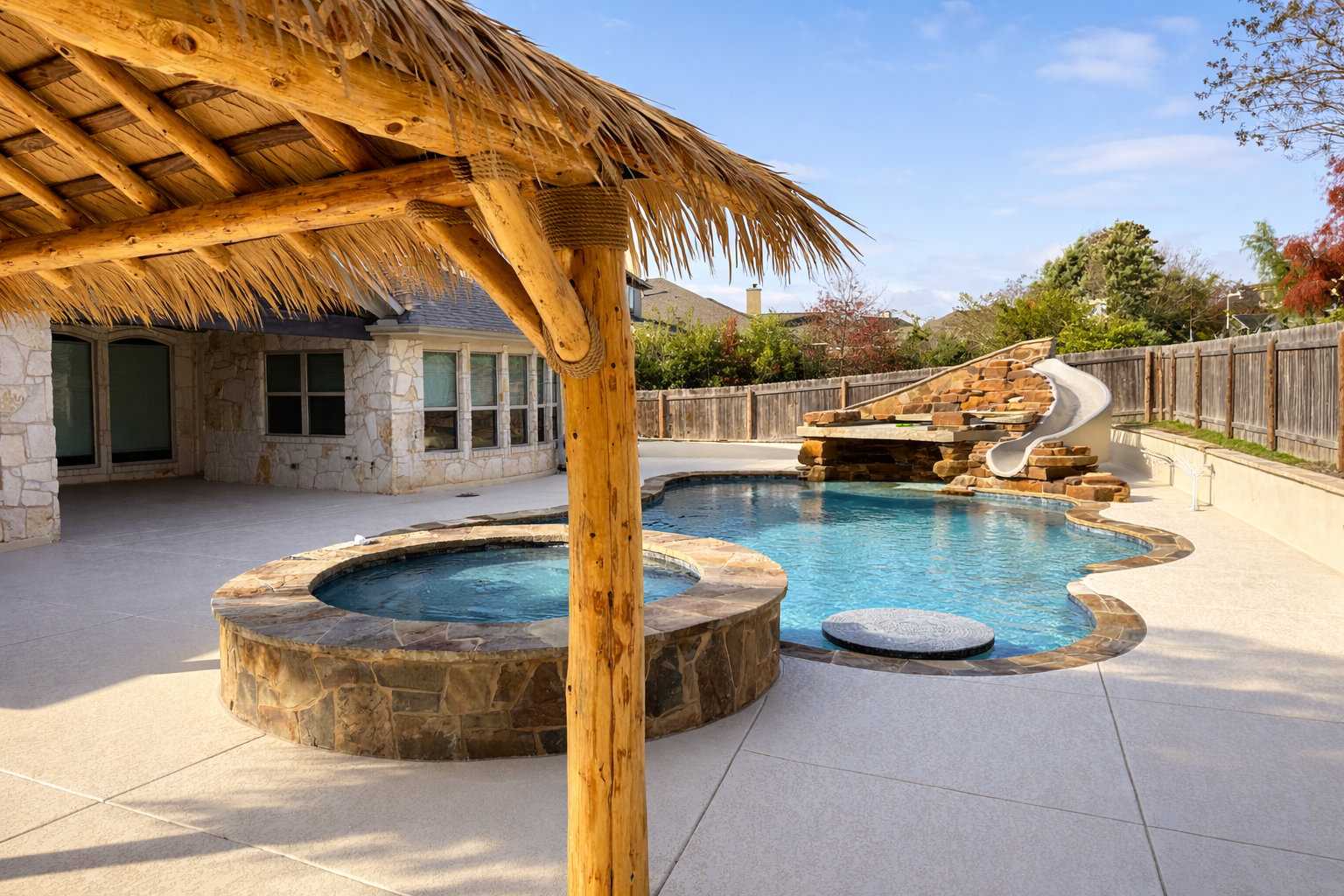 Backyard swimming pool with a water slide, hot tub, and a thatched-roof tiki hut, surrounded by a wooden fence under a partly cloudy sky.