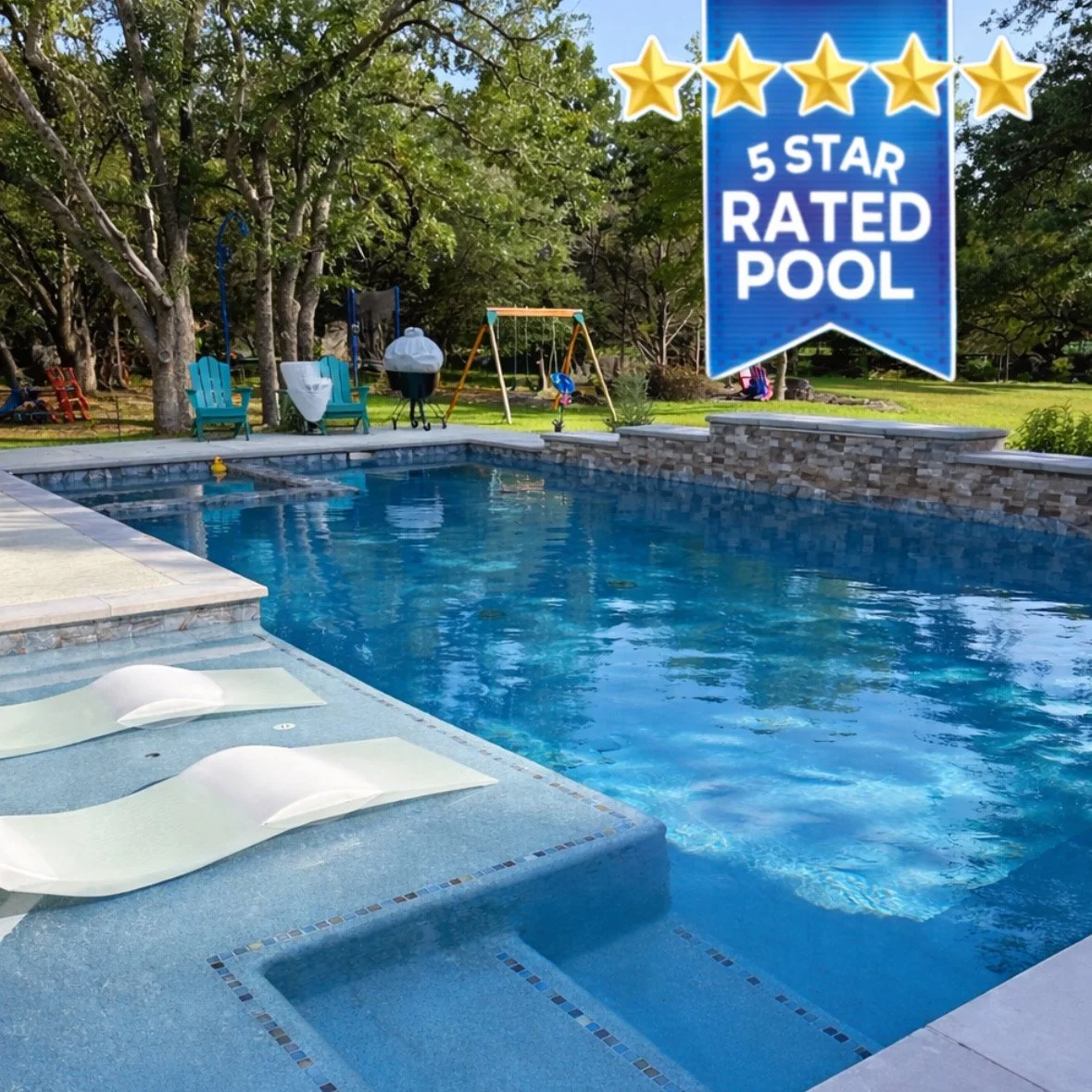 A backyard pool with blue water, surrounded by trees and outdoor furniture, with a balcony sign indicating five-star rated pool.