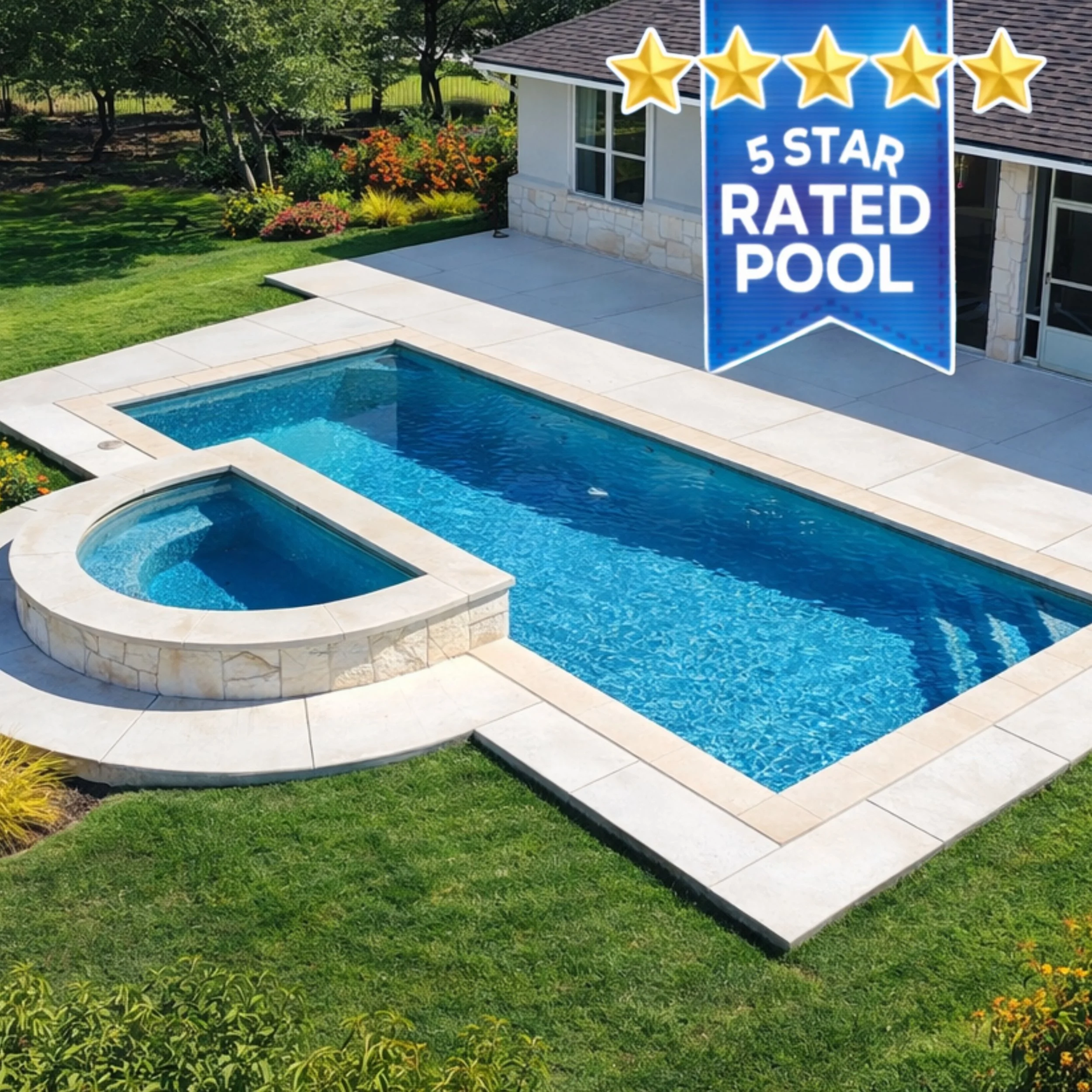 A backyard with a new rectangular swimming pool and attached hot tub, surrounded by a concrete deck, with a house and grassy yard with trees and plants in the background. A badge with five gold stars and the text '5 Star Rated Pool' is displayed in the top right corner.