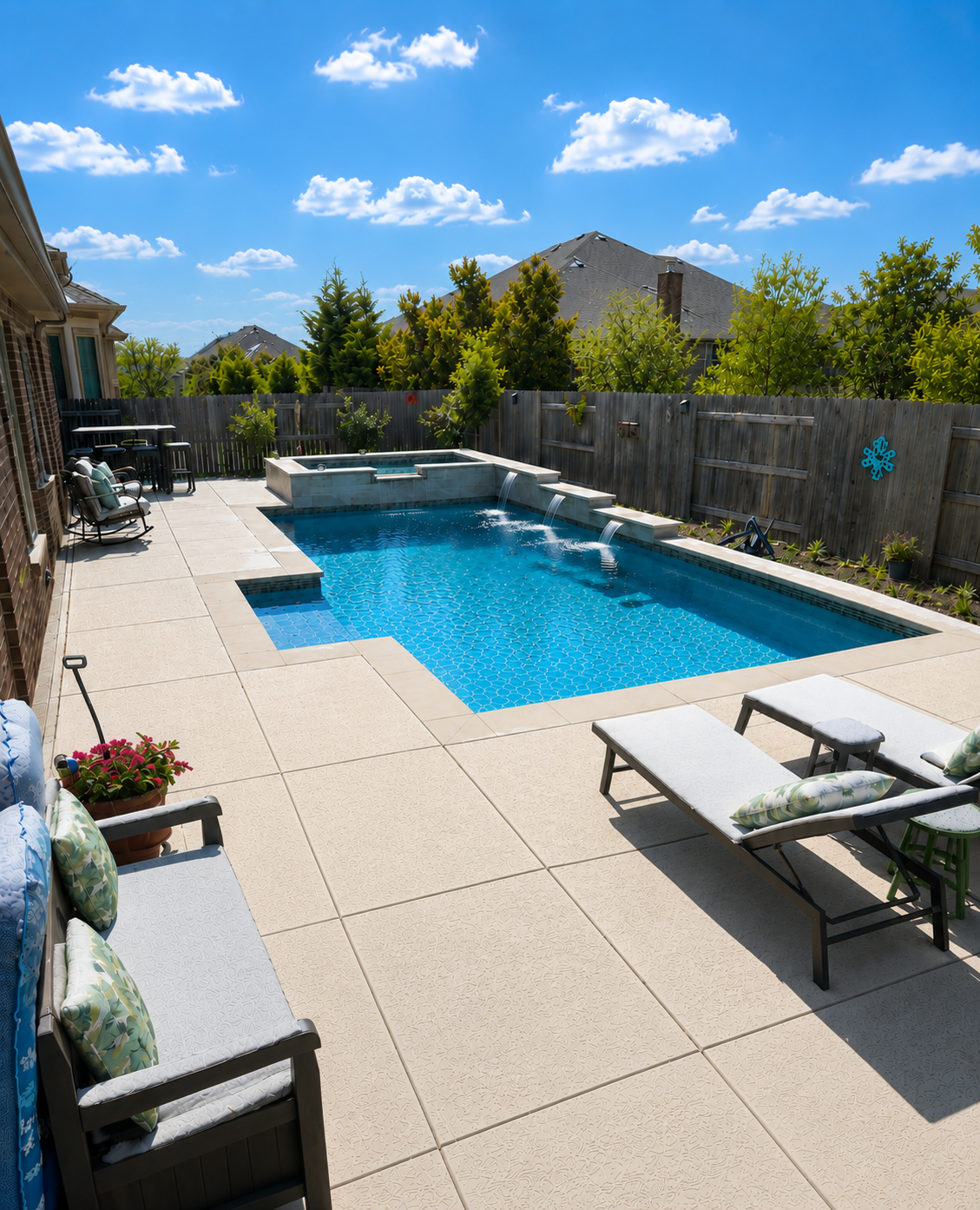 A backyard swimming pool at sunset with a badge indicating a 5-star rated pool.