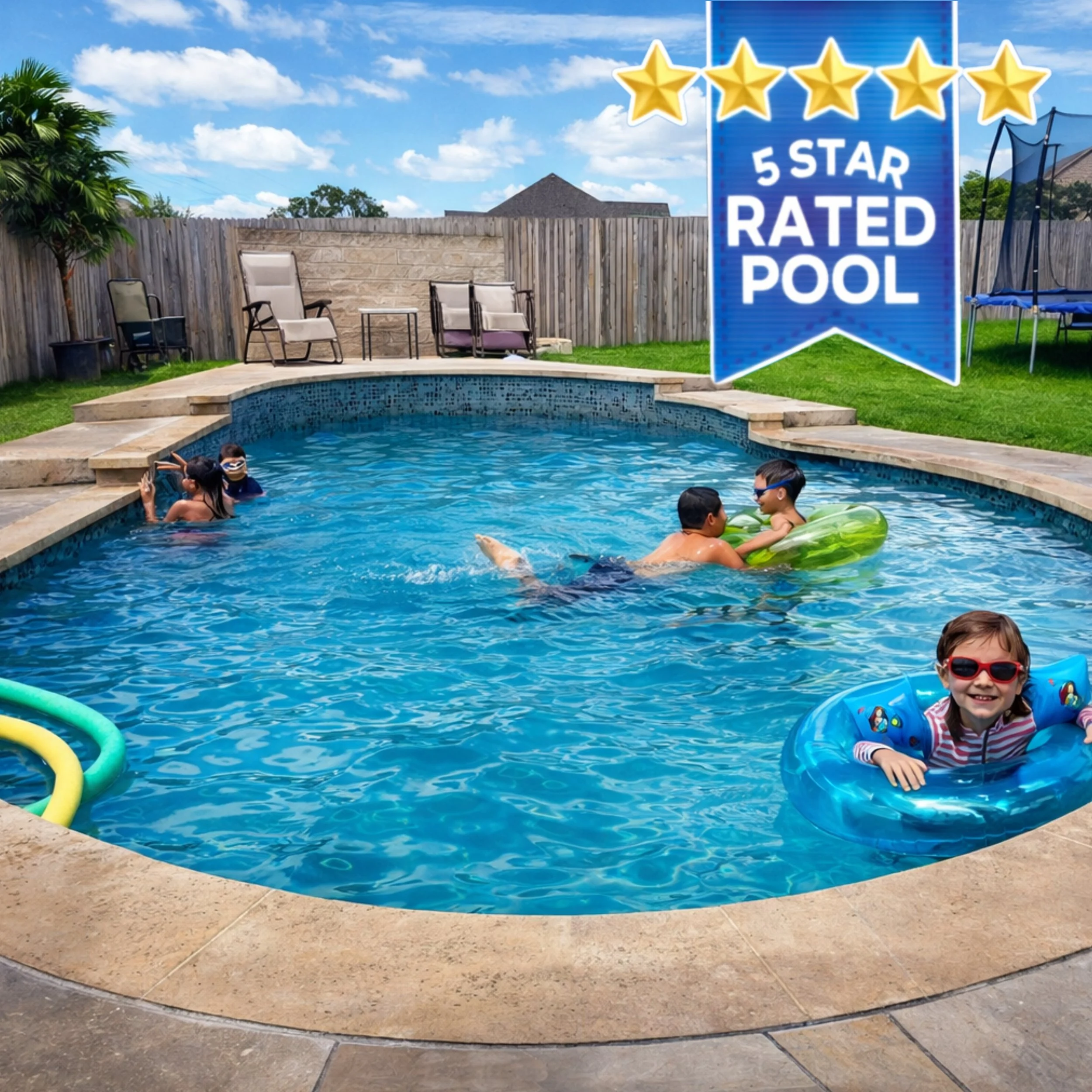 A backyard with a swimming pool where three children are playing and swimming. One girl with sunglasses is floating in a ring, two boys are playing with a pool float, and two children are near the pool's edge. There are lounge chairs and other outdoor furniture, a trampoline, a wooden fence, and a sign indicating the pool is 5-star rated.
