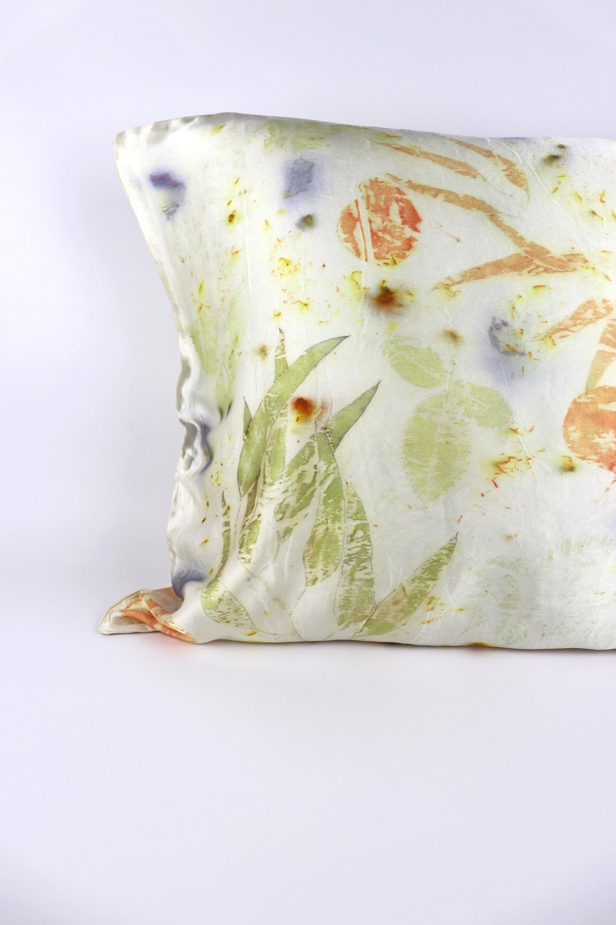 Botanically Dyed Silk Pillowcase eco printed with flowers. Plant dyes silk. AJNA California naturally dyed textiles in San Jose, California. Silk Pillowcase near me.