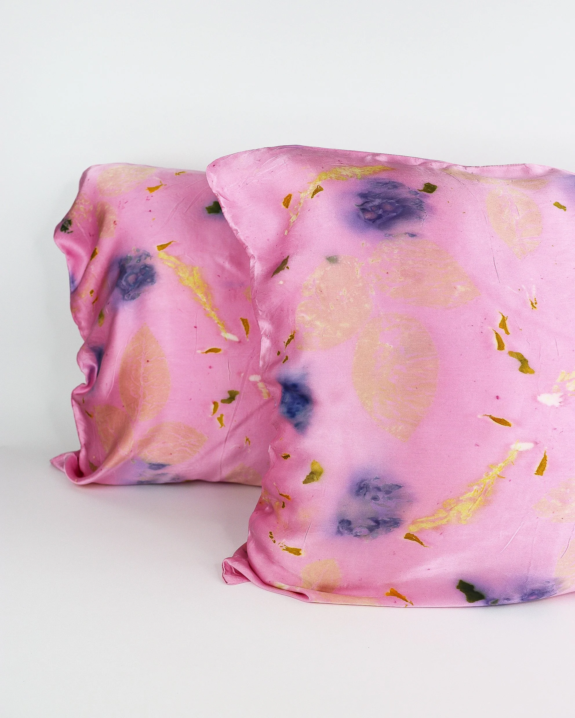 Botanically Dyed Silk Pillowcase eco printed with flowers. Silk Charmeuse pillowcase set of 2.