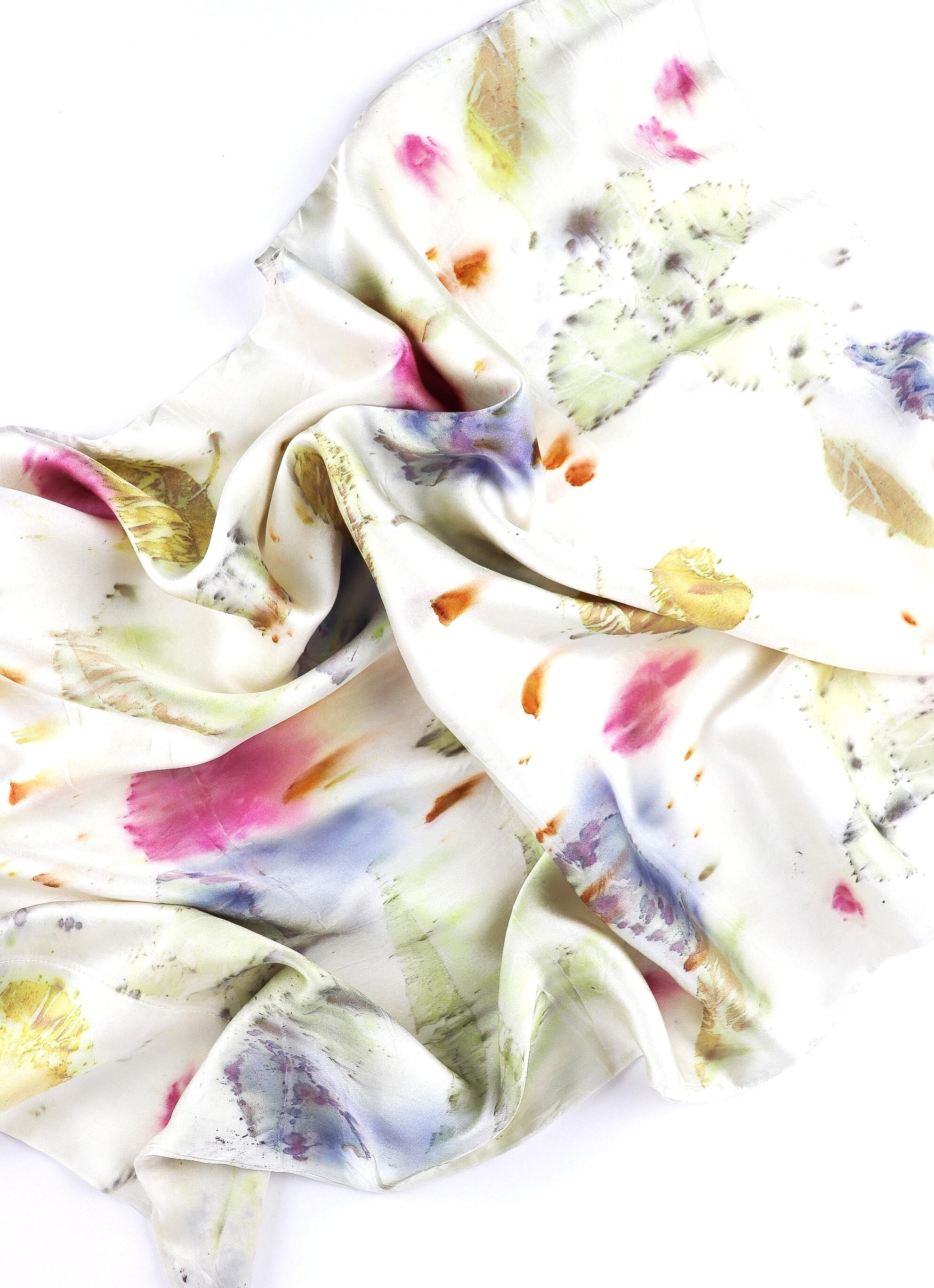 Botanically Dyed Silk Pillowcase eco printed with flowers. Plant dyes silk. AJNA California naturally dyed textiles in San Jose, California. Silk Pillowcase near me.