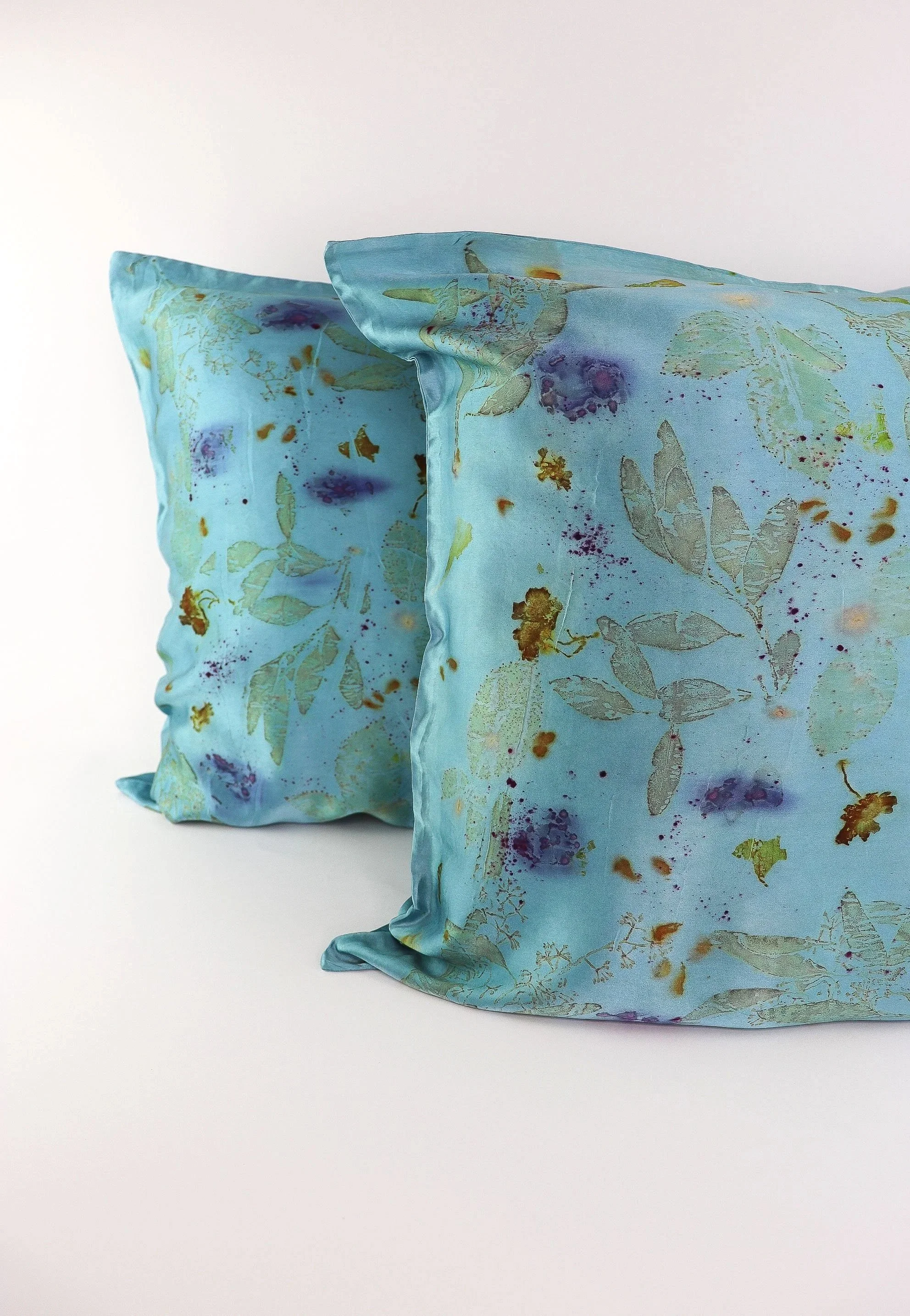 Botanically Dyed Silk Pillowcase eco printed with flowers. Mulberry silk pillowcase set of 2.