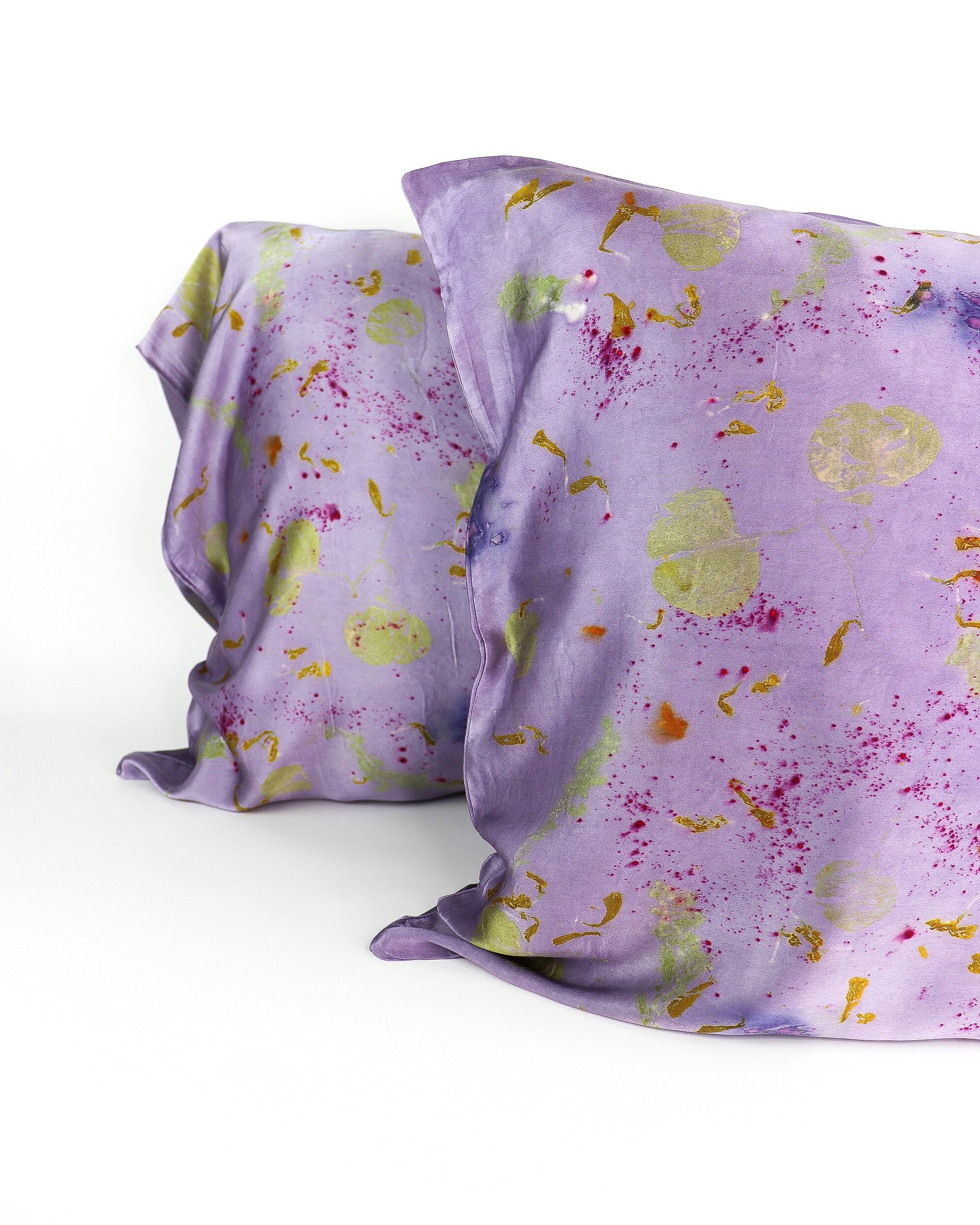 Botanically Dyed Silk Pillowcase eco printed with flowers. Silk Charmeuse pillowcase set of 2.