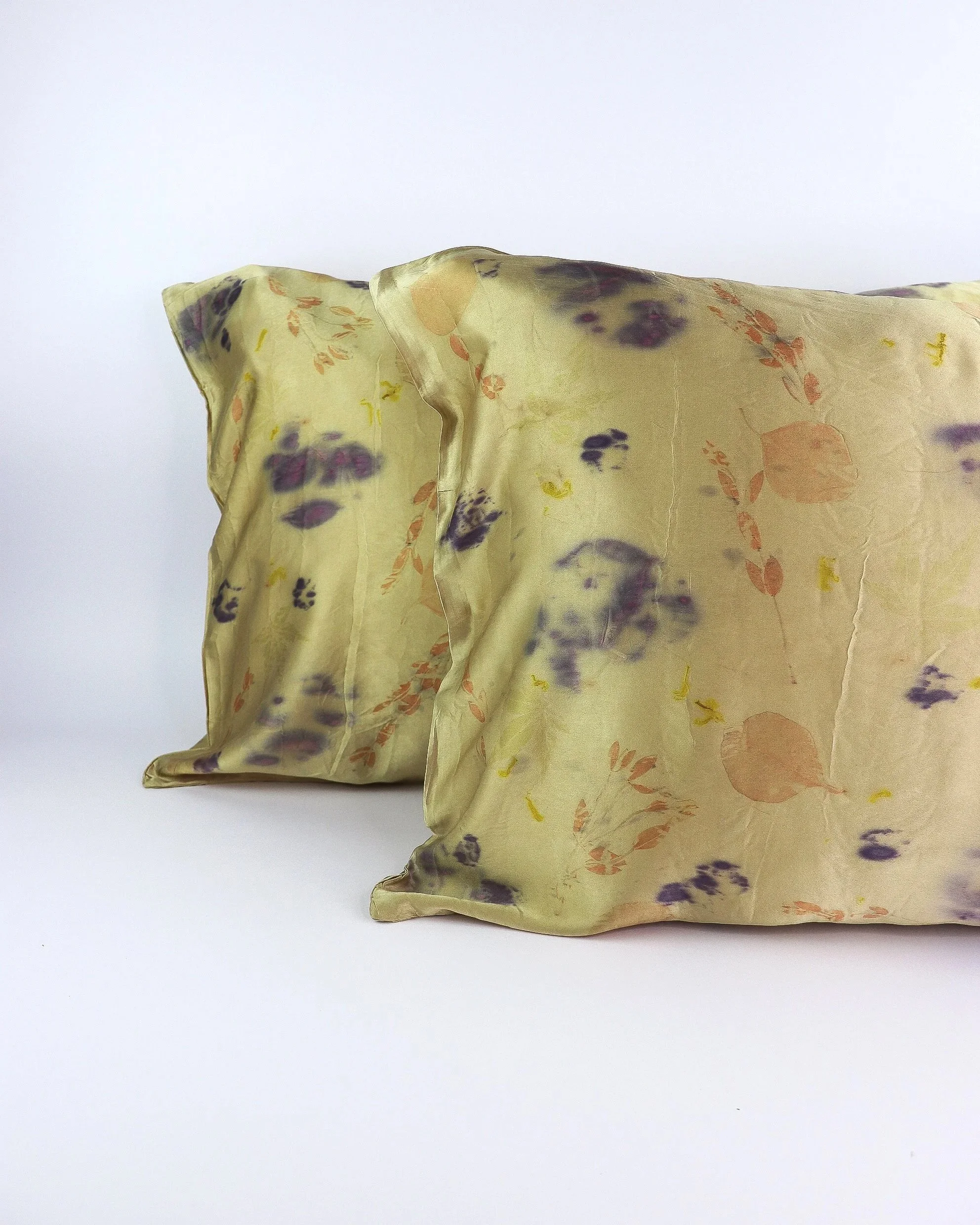 Botanically Dyed Silk Pillowcase eco printed with flowers. Plant dyed silk. AJNA California naturally dyed textiles in San Jose, California. Silk Pillowcase near me.