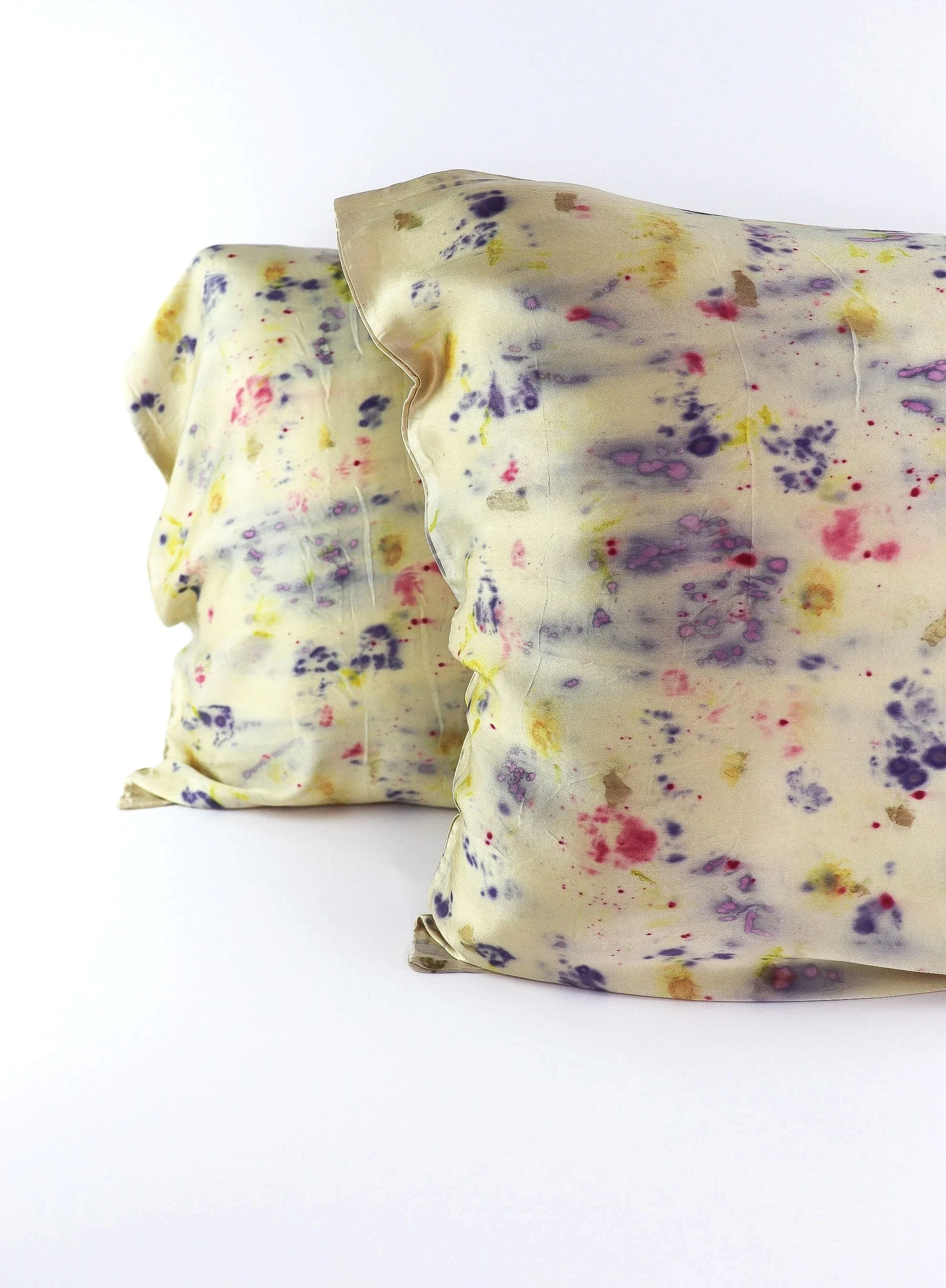 Botanically Dyed Silk Pillowcase eco printed with flowers. Mulberry silk pillowcase set of 2.