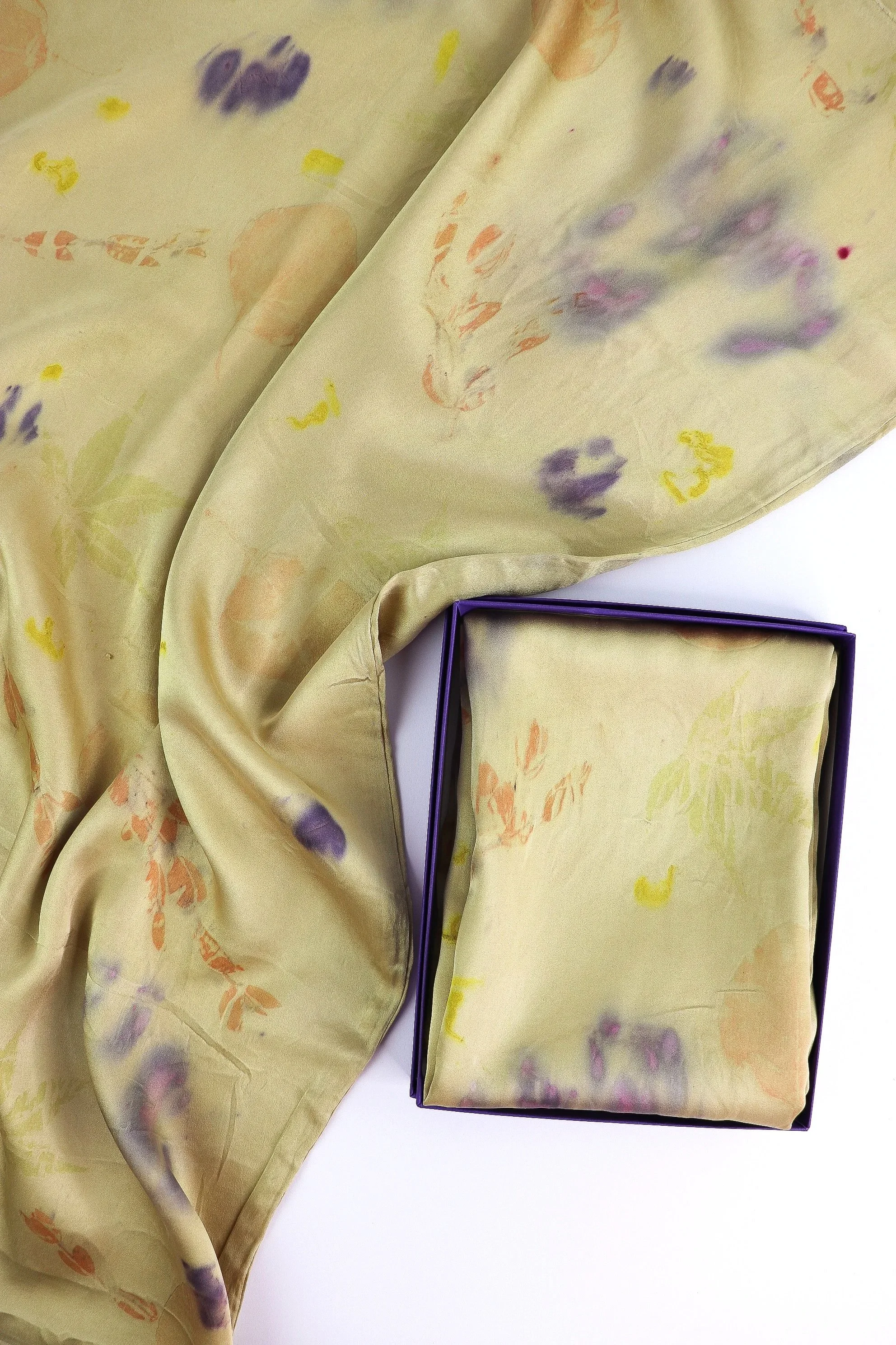Botanically Dyed Silk Pillowcase eco printed with flowers. Plant dyed silk. AJNA California naturally dyed textiles in San Jose, California. Silk Pillowcase near me.