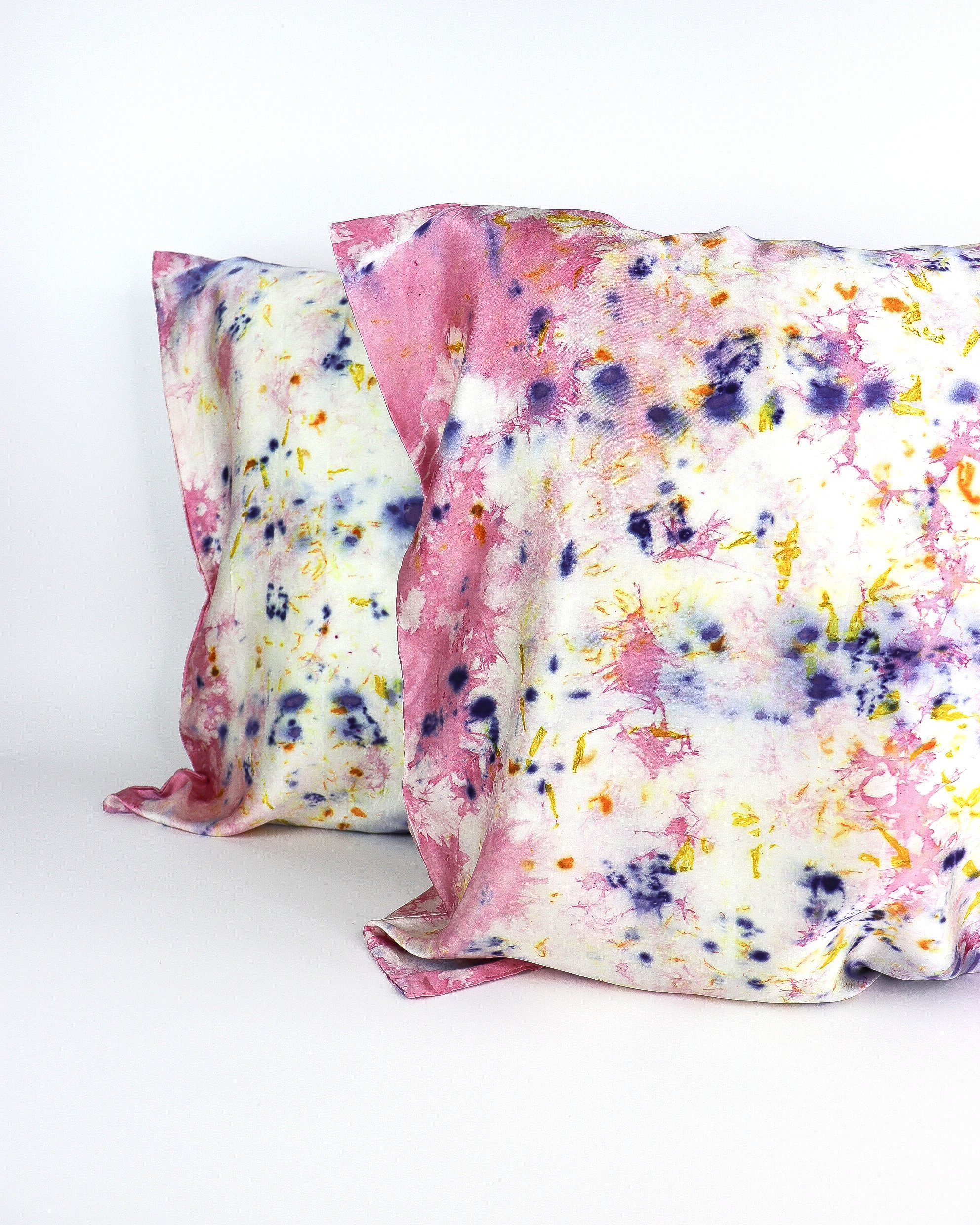 Botanically Dyed Silk Pillowcase eco printed with flowers. Silk Charmeuse pillowcase set of 2.
